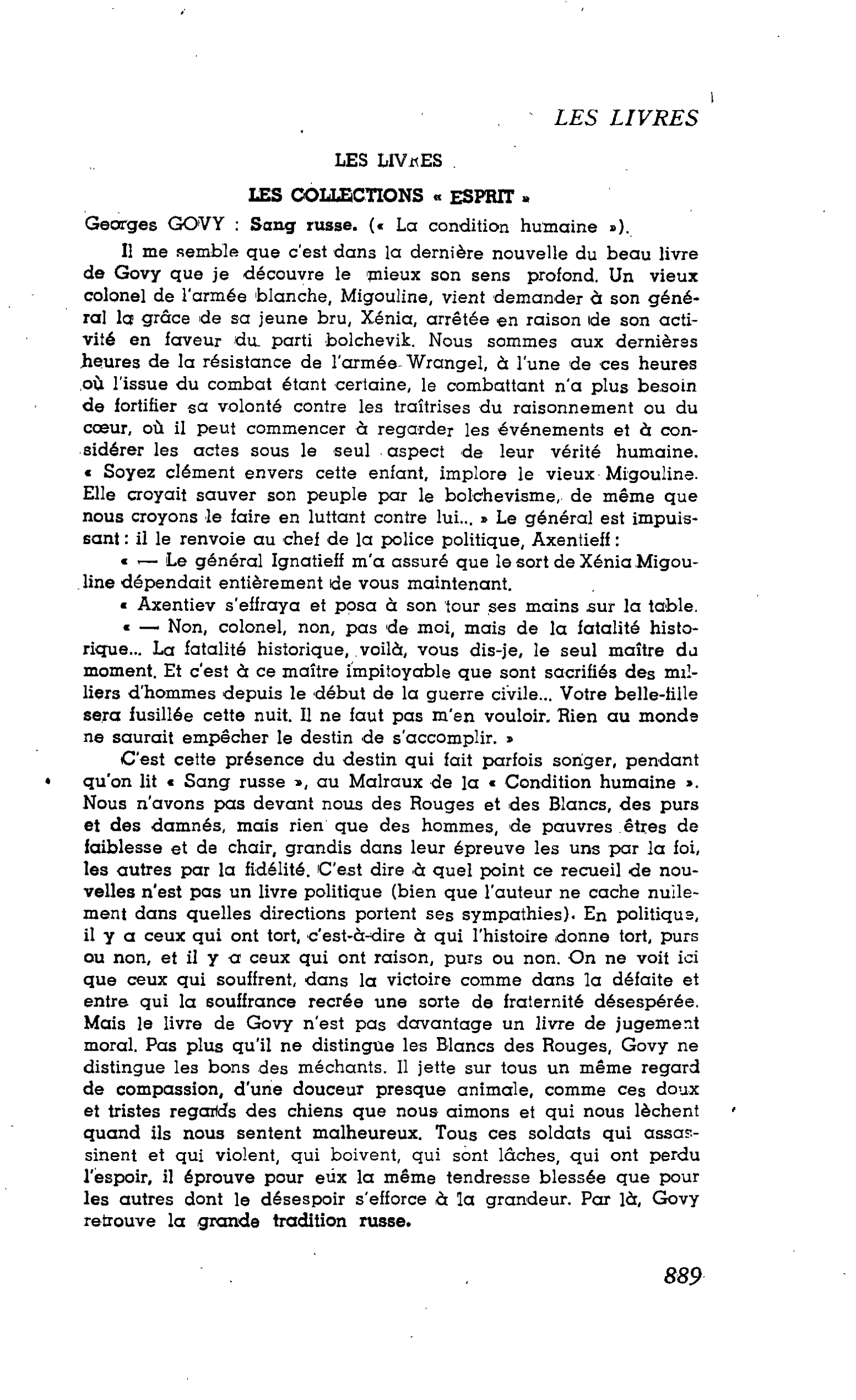 Les Lettres. LES LIVRES. LES COLLECTIONS « ESPRIT ». Georges GOVY : Sang russe