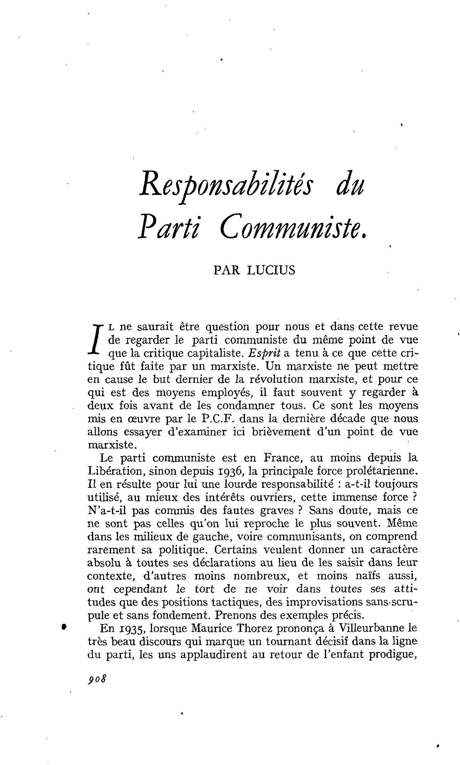 Responsabilités du Parti Communiste