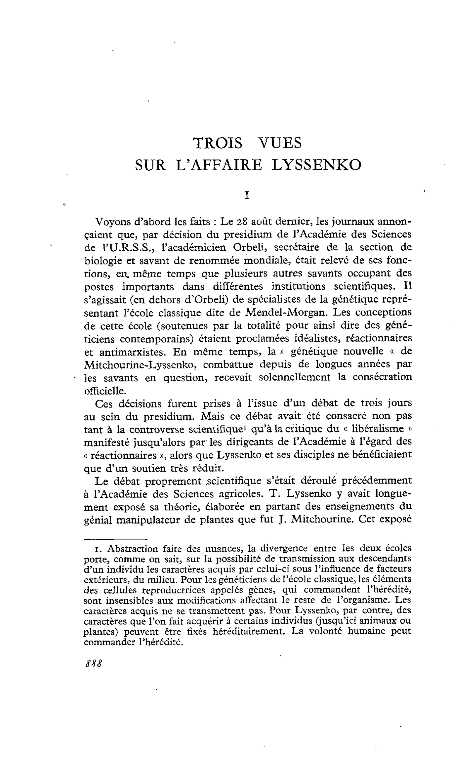 TROIS VUES SUR L’AFFAIRE LYSSENKO