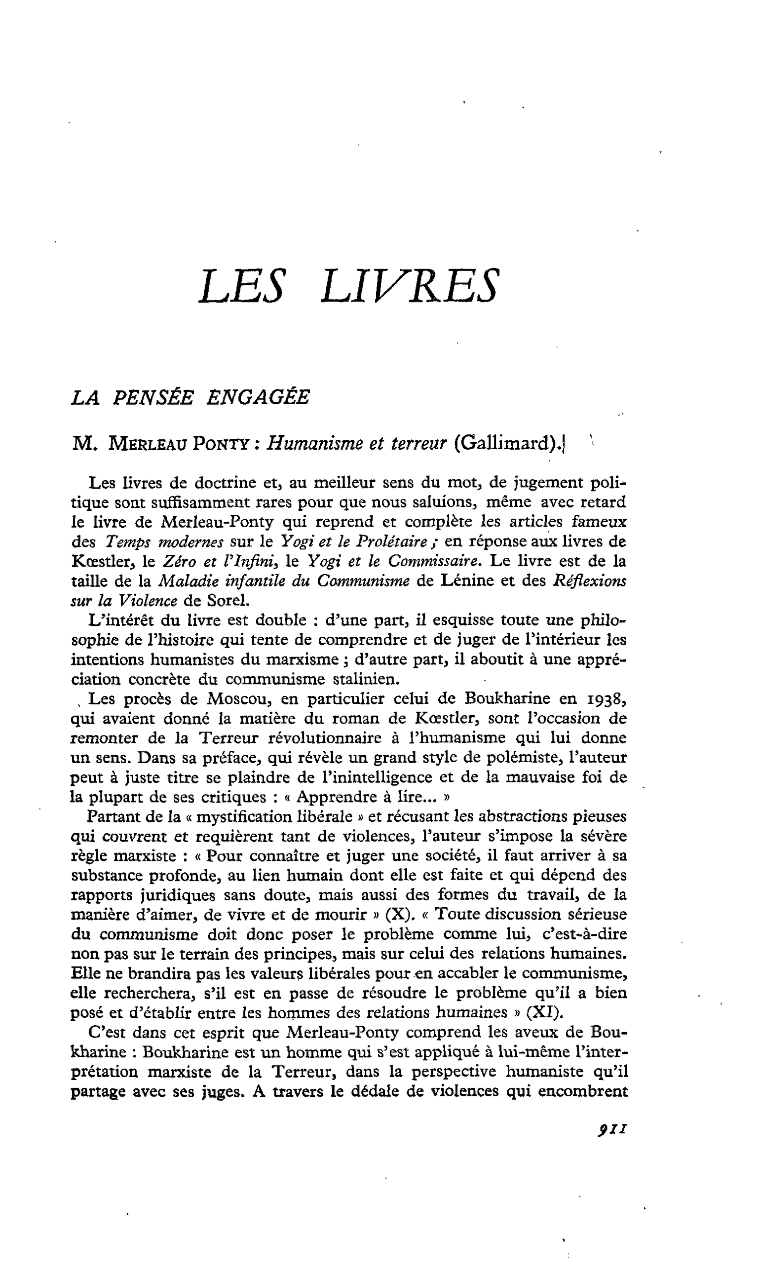 LA PENSÉE ENGAGÉE. M. Merleau Ponty : Humanisme et terreur