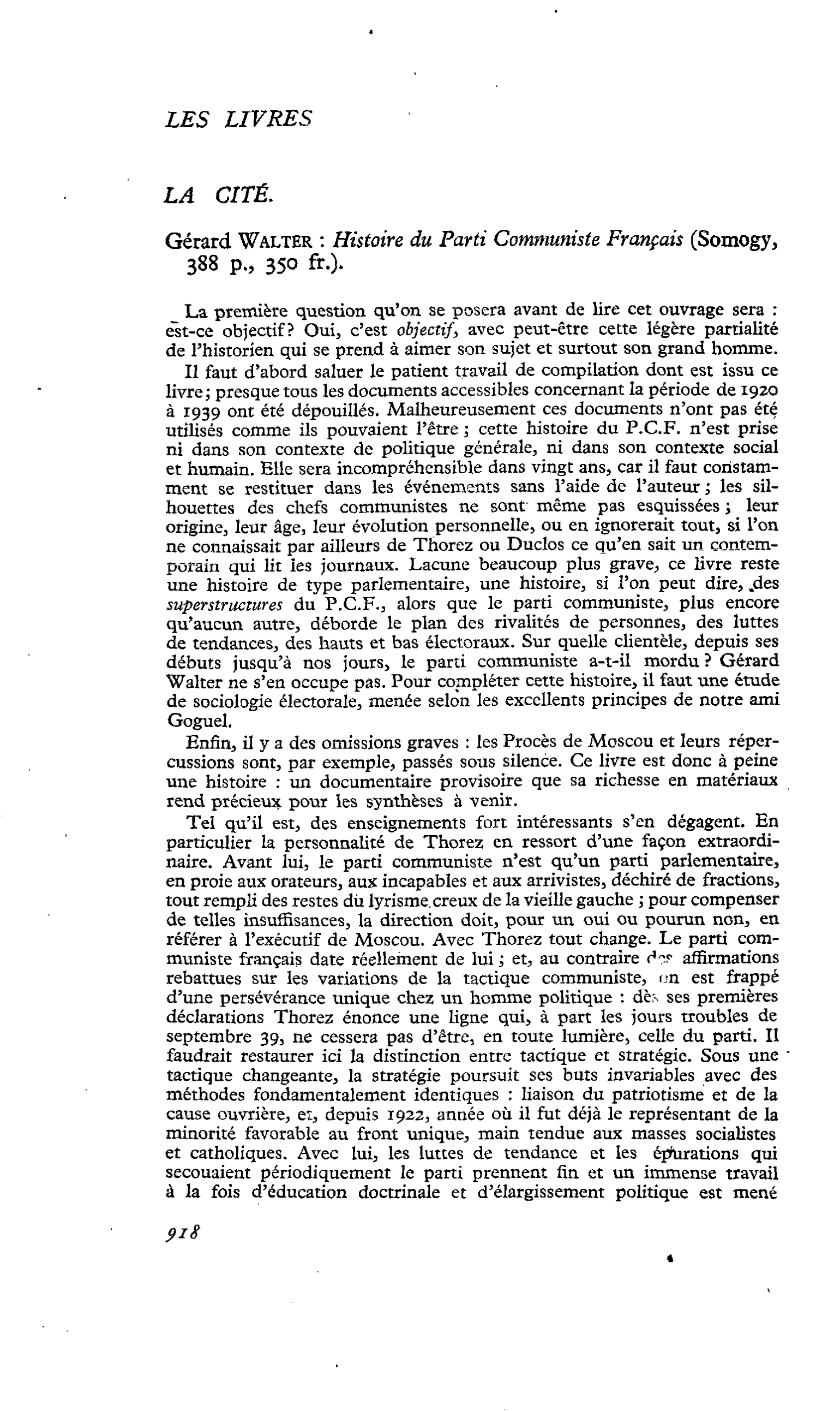 LA CITÉ. Gérard Walter : Histoire du Parti Communiste Français