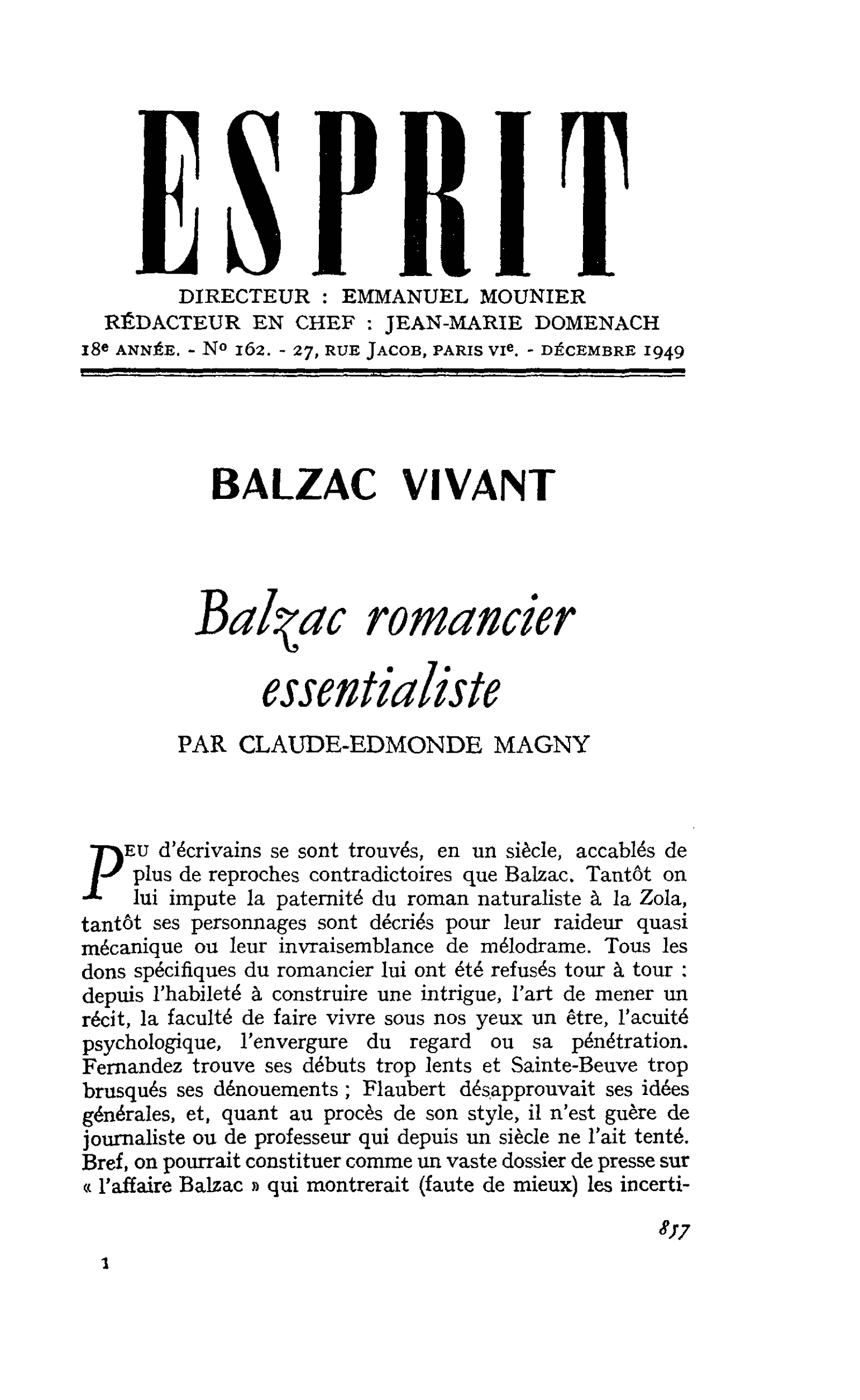 Balzac romancier essentialiste