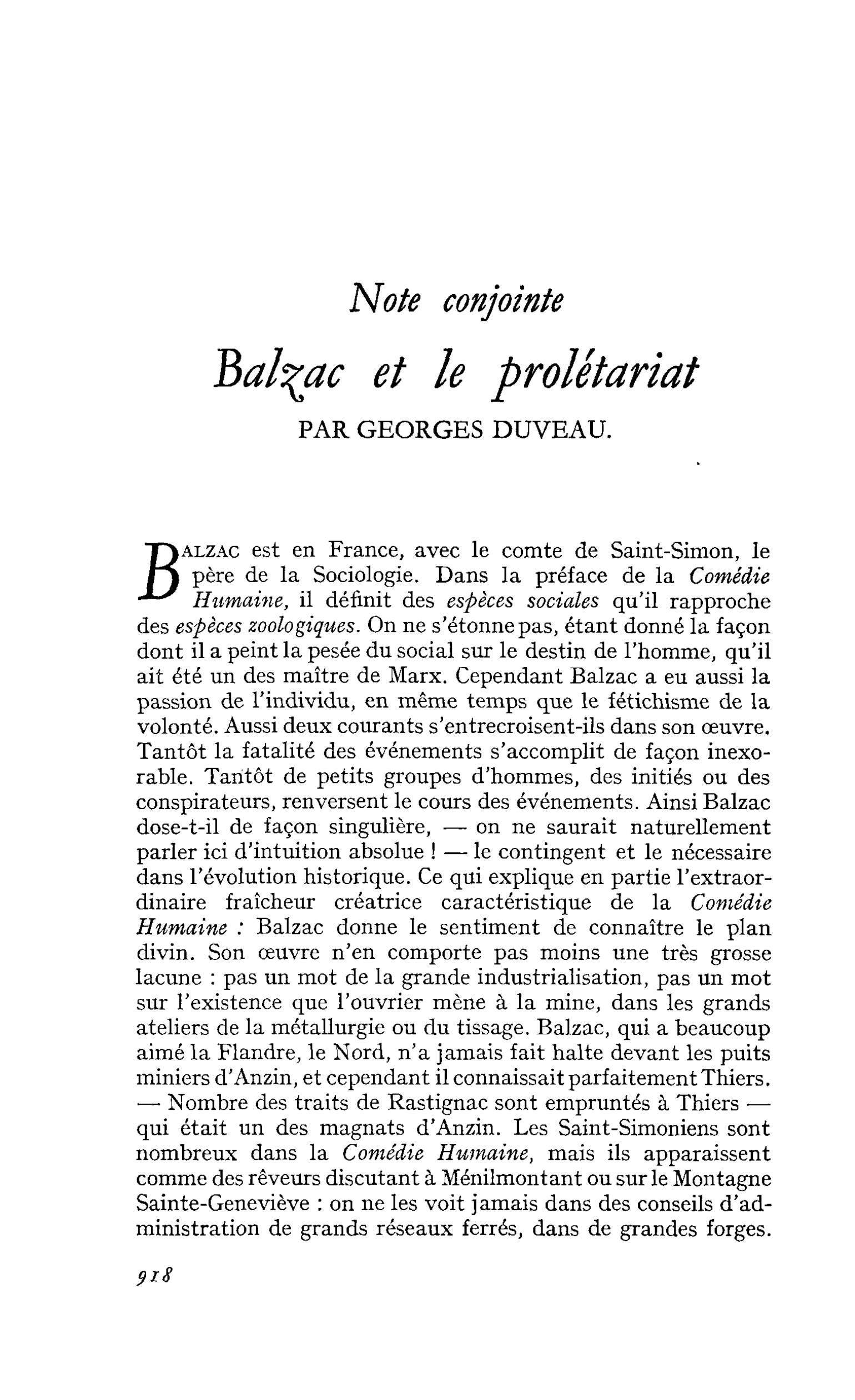 Note conjointe Balzac et le prolétariat