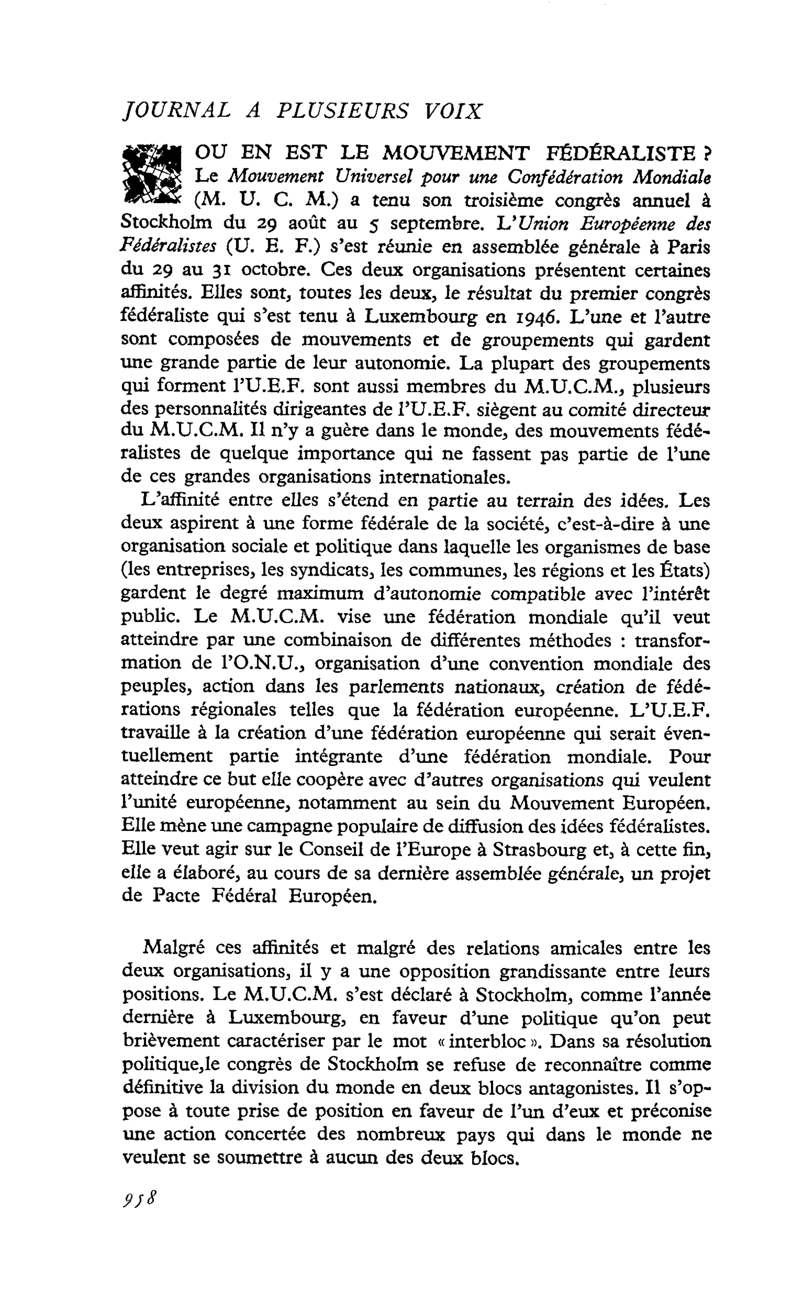 OU EN EST LE MOUVEMENT FÉDÉRALISTE ?