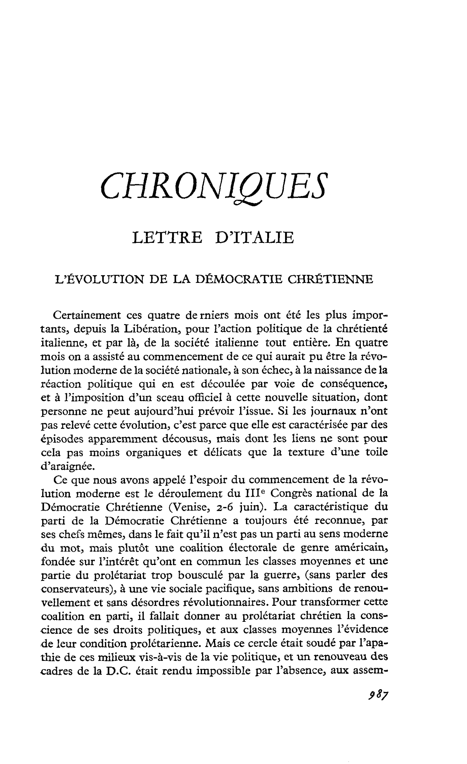 LETTRE D’ITALIE L’ÉVOLUTION DE LA DÉMOCRATIE CHRÉTIENNE