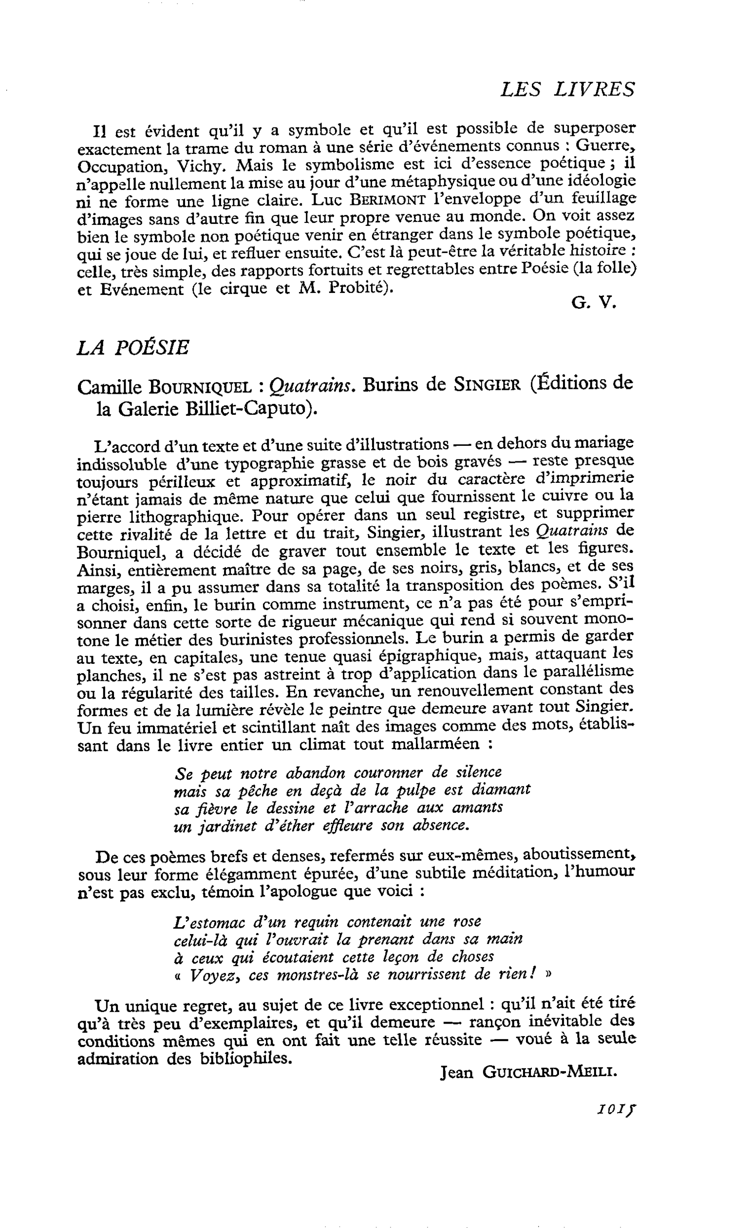 Camille Bourniquel : Quatrains. Burins de Singier