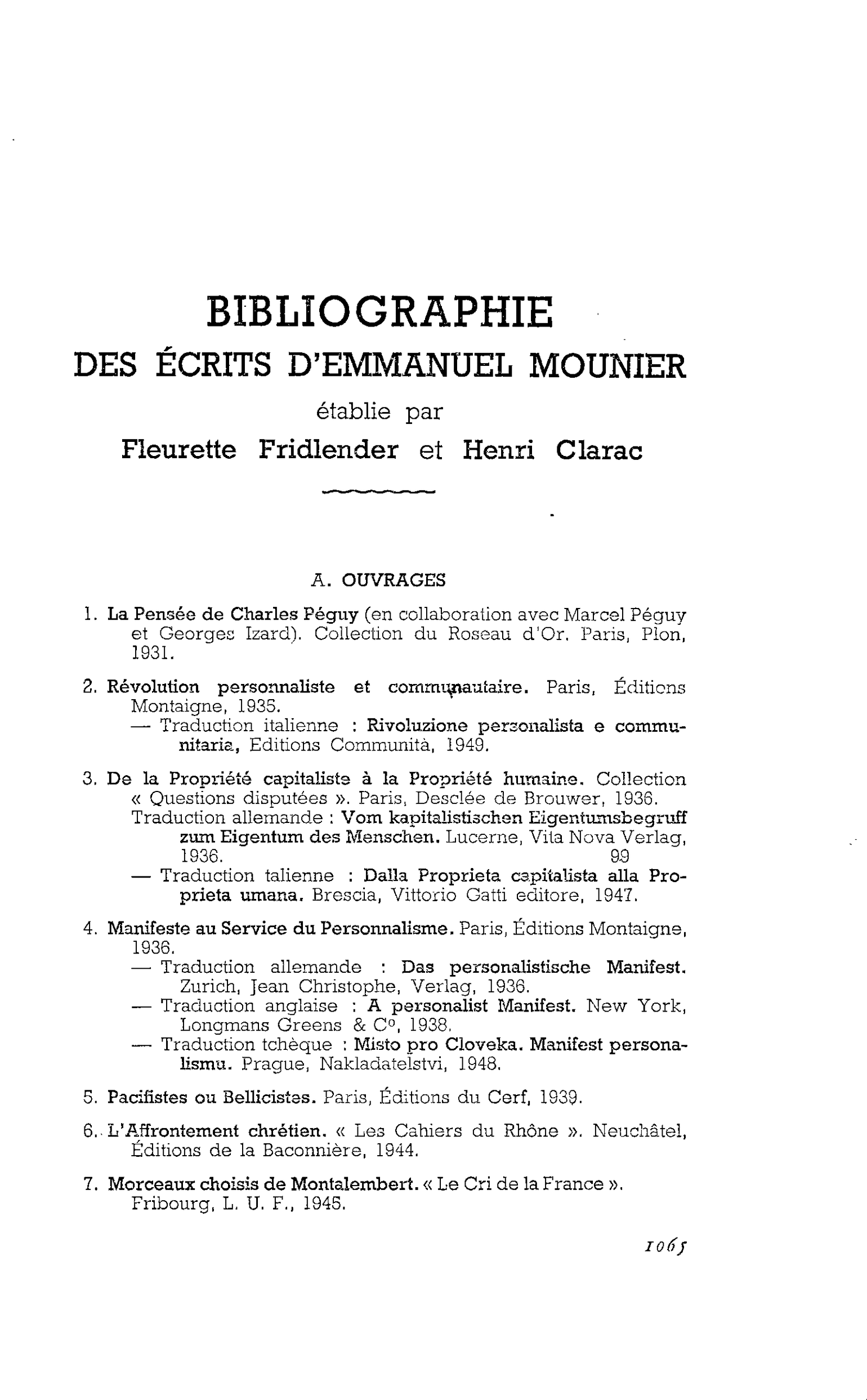 Bibliographie des écrits d’Emmanuel Mounier