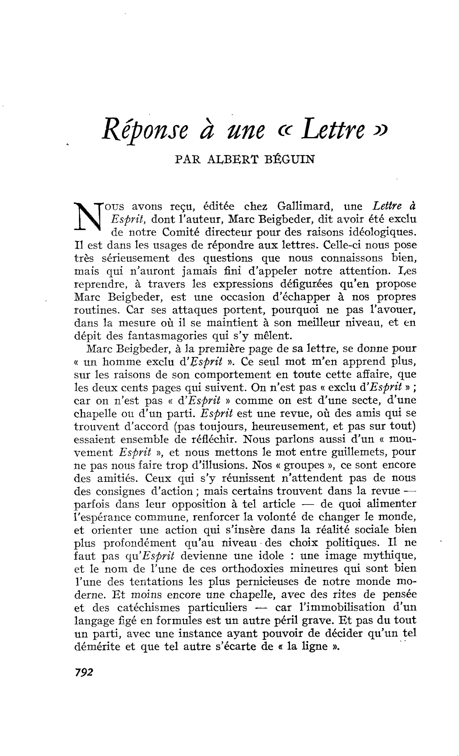 Réponse à une « Lettre »