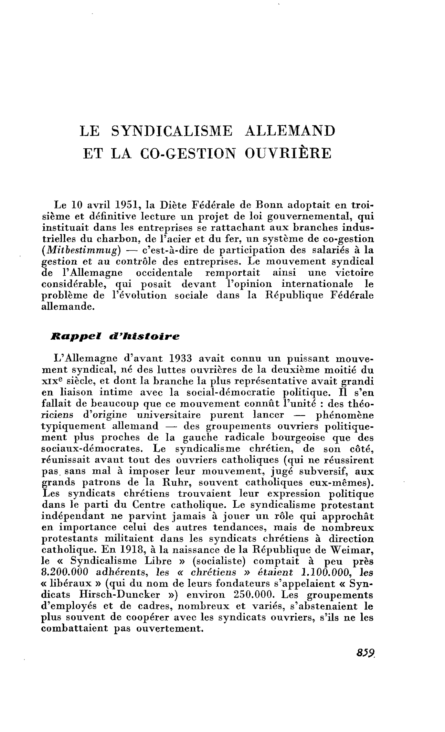 Le syndicalisme allemand et la co-gestion ouvrière