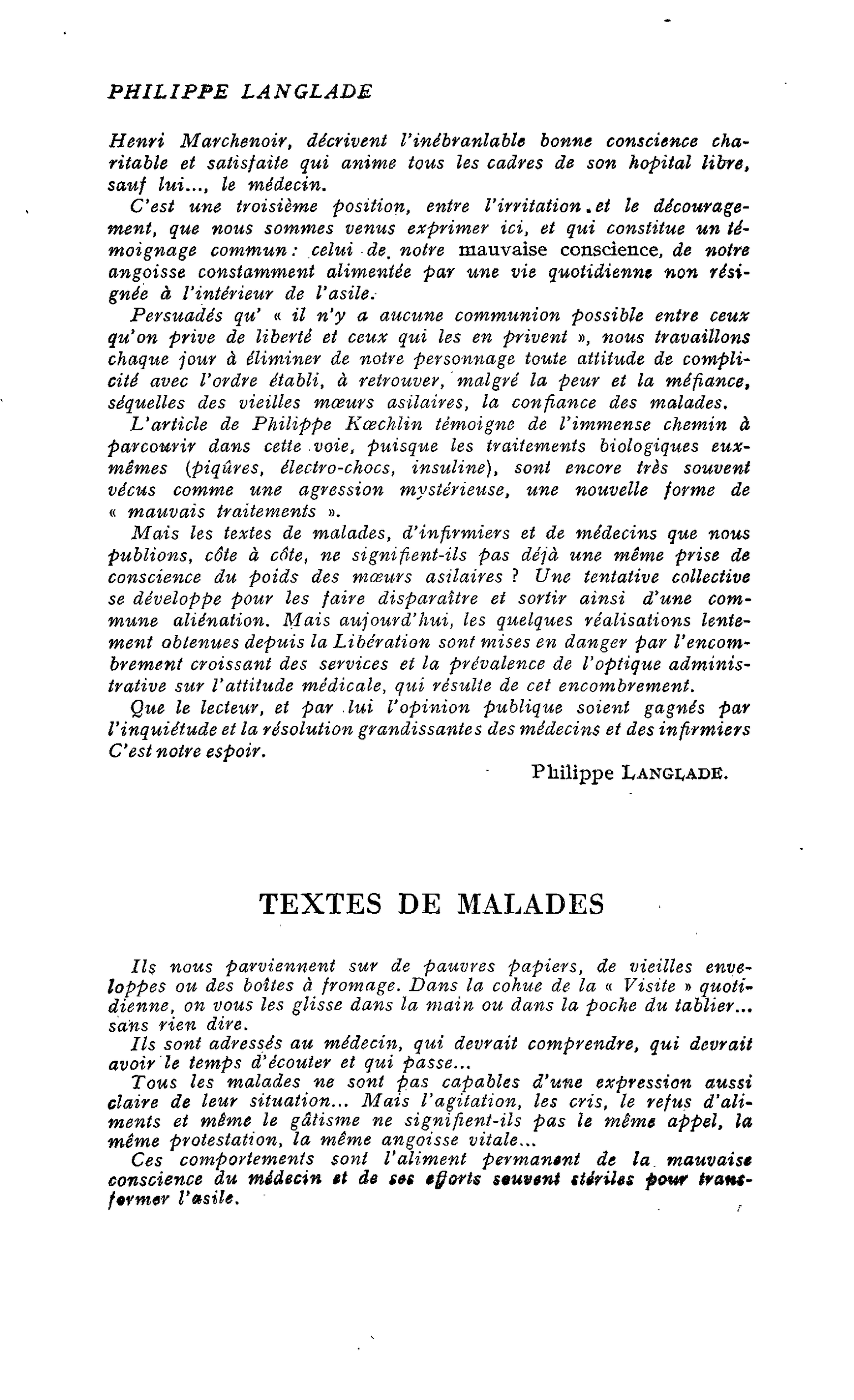 TEXTES DE MALADES
