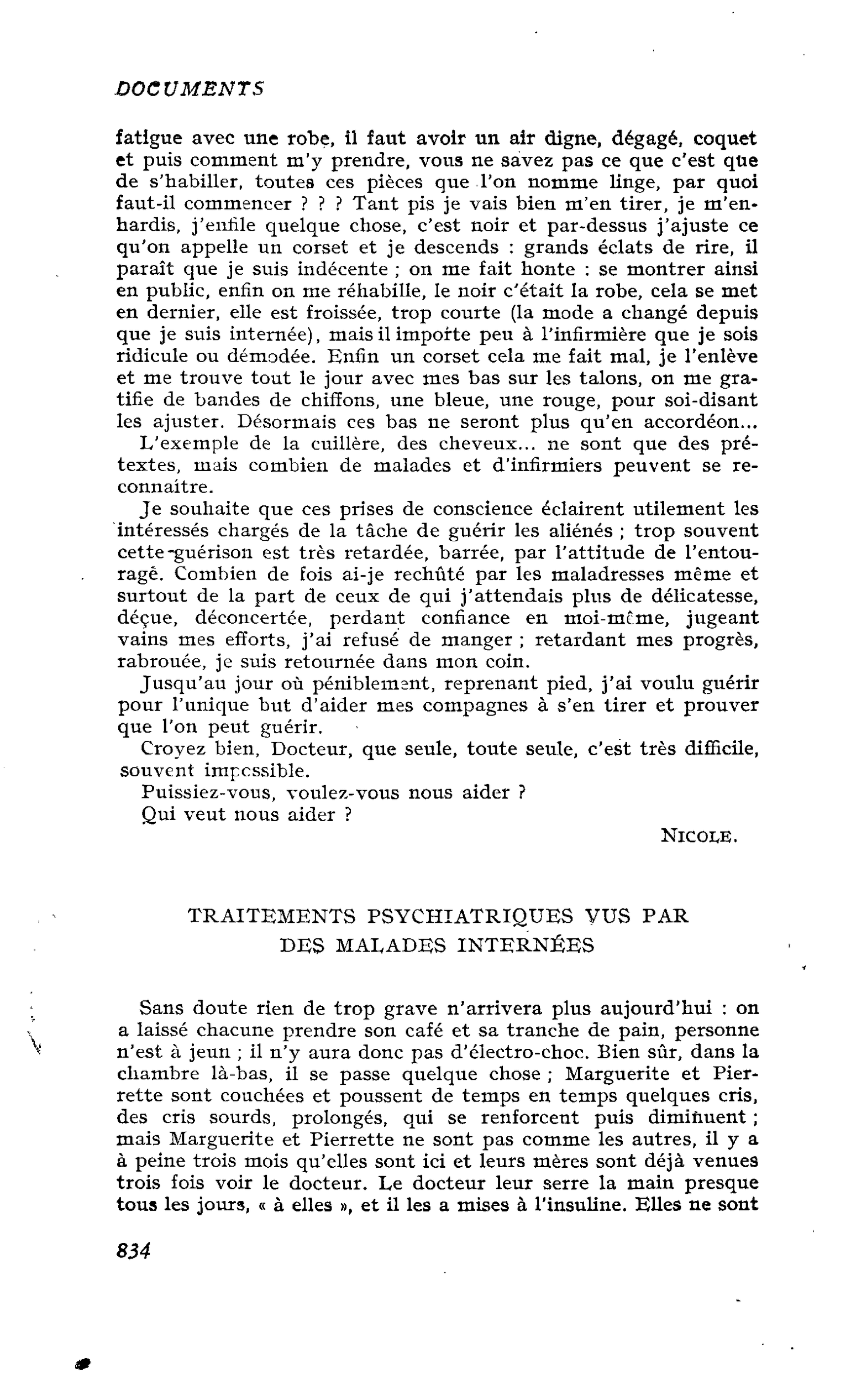 TRAITEMENTS PSYCHIATRIQUES VUS PAR DES MALADES INTERNÉES