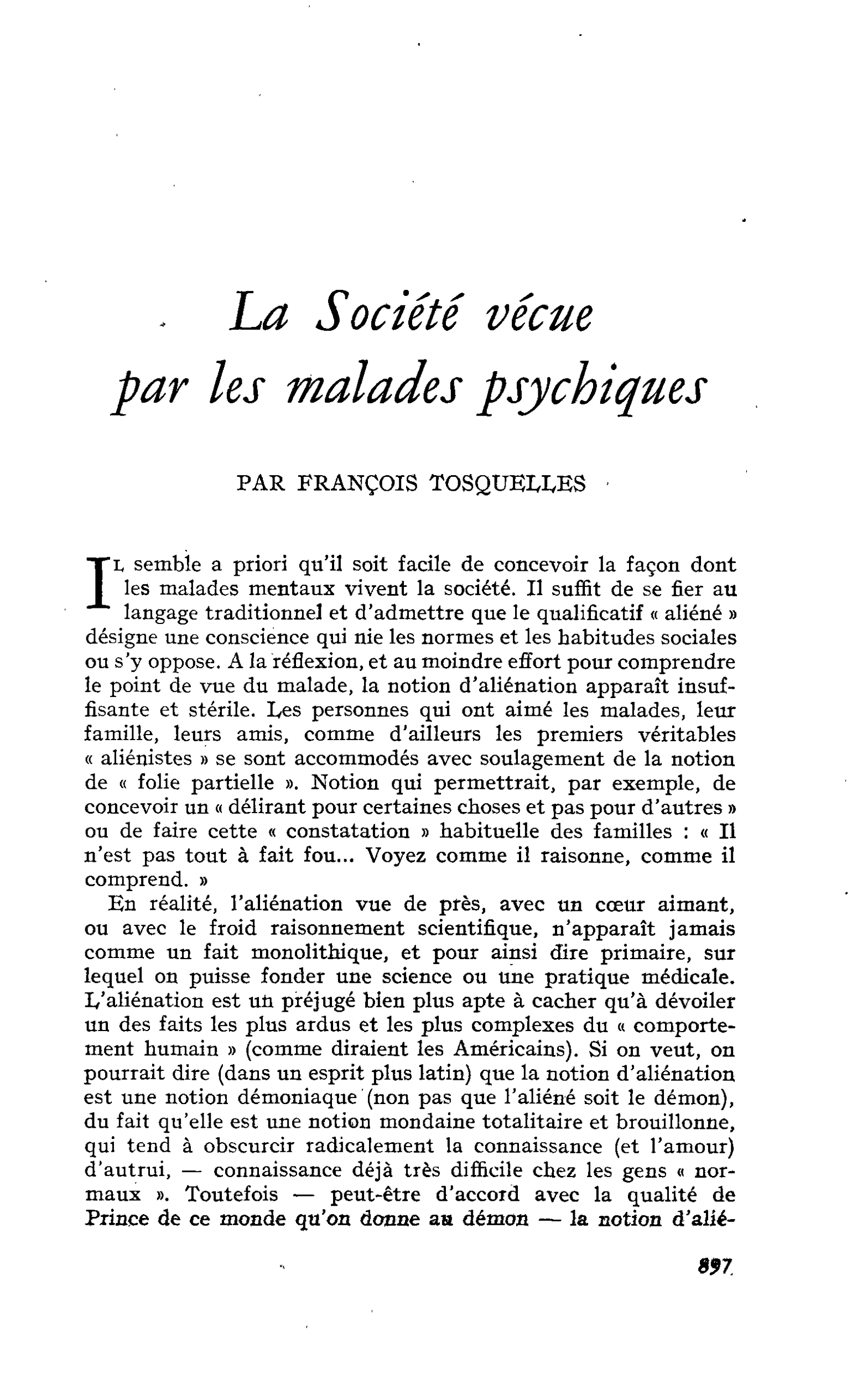 La Société vécue par les malades psychiques