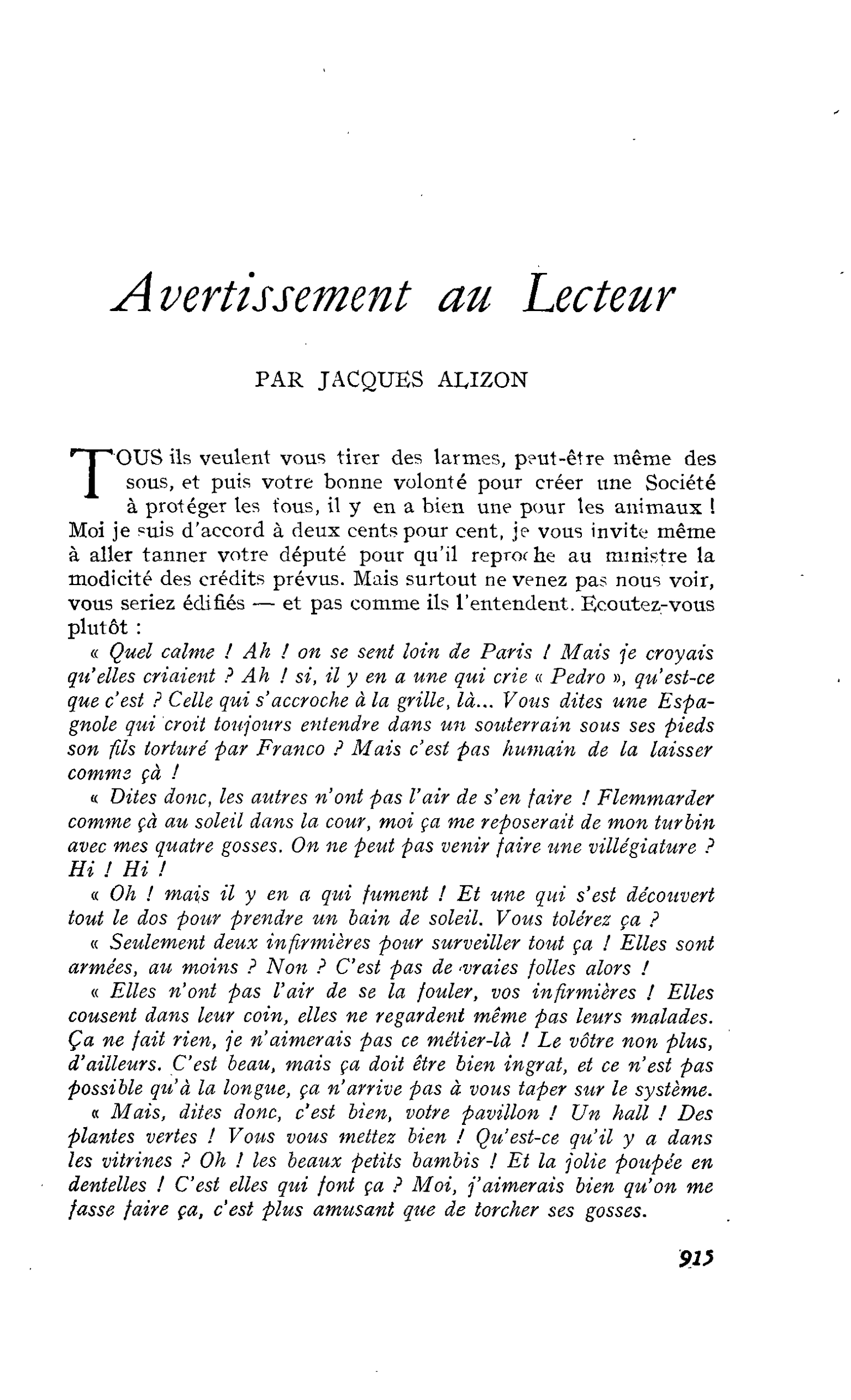 Avertissement au Lecteur