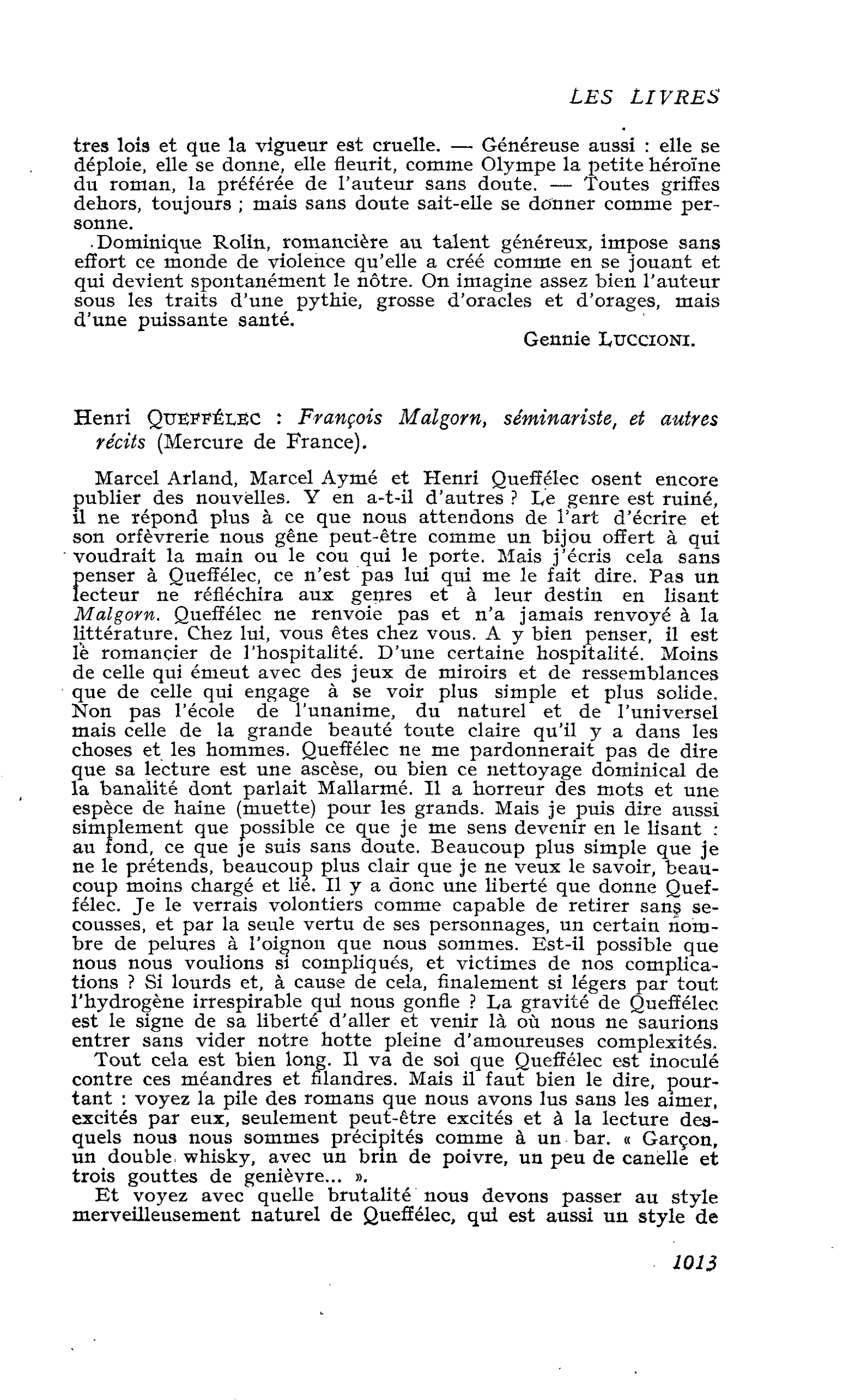 Henri Queffélec : François Malgorn, séminariste, et autres récits