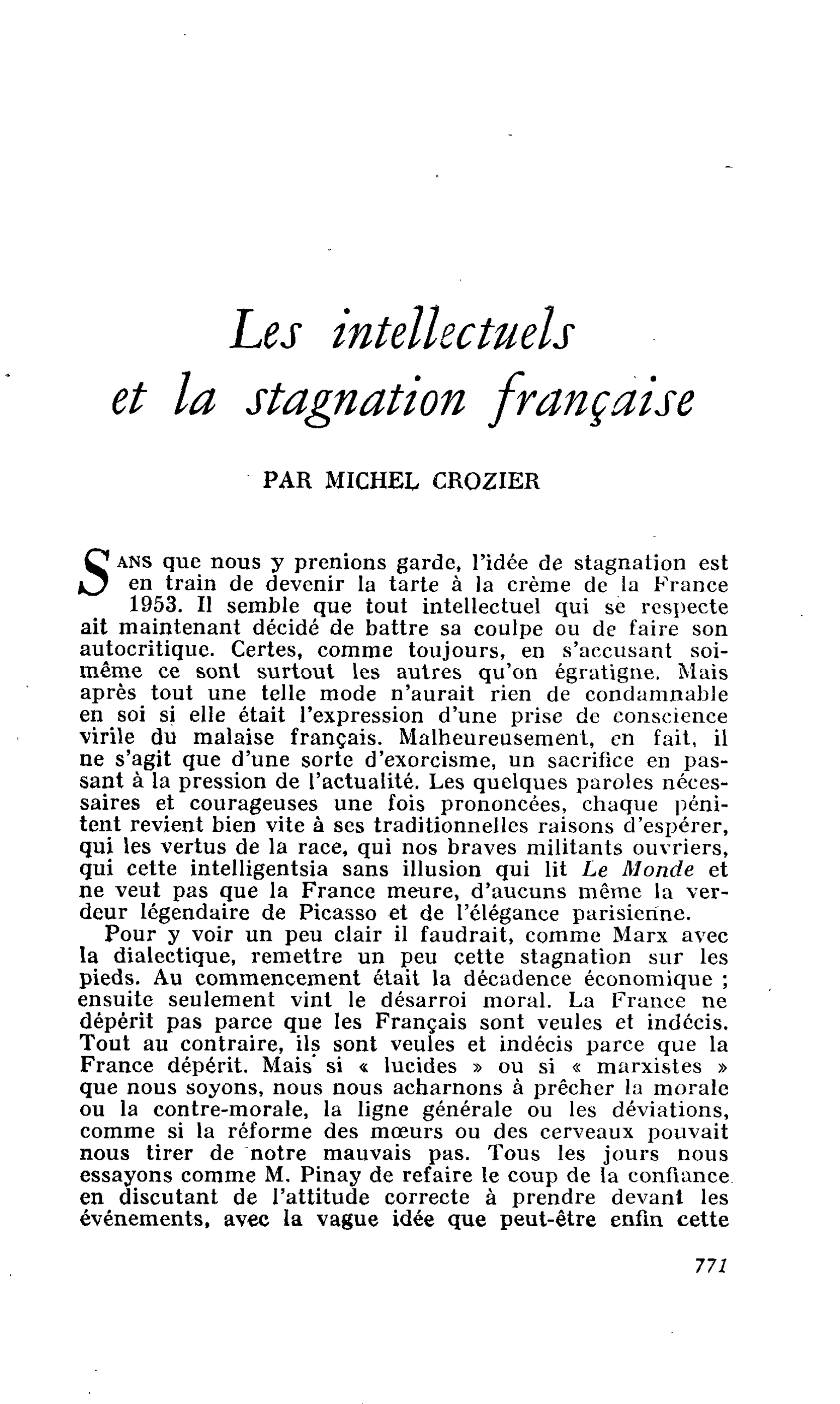 Les intellectuels et la stagnation française
