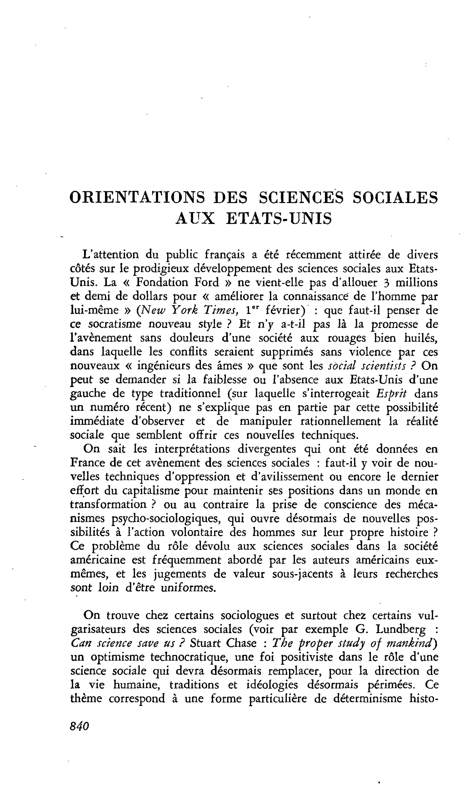 ORIENTATIONS DES SCIENCES SOCIALES AUX ETATS-UNIS