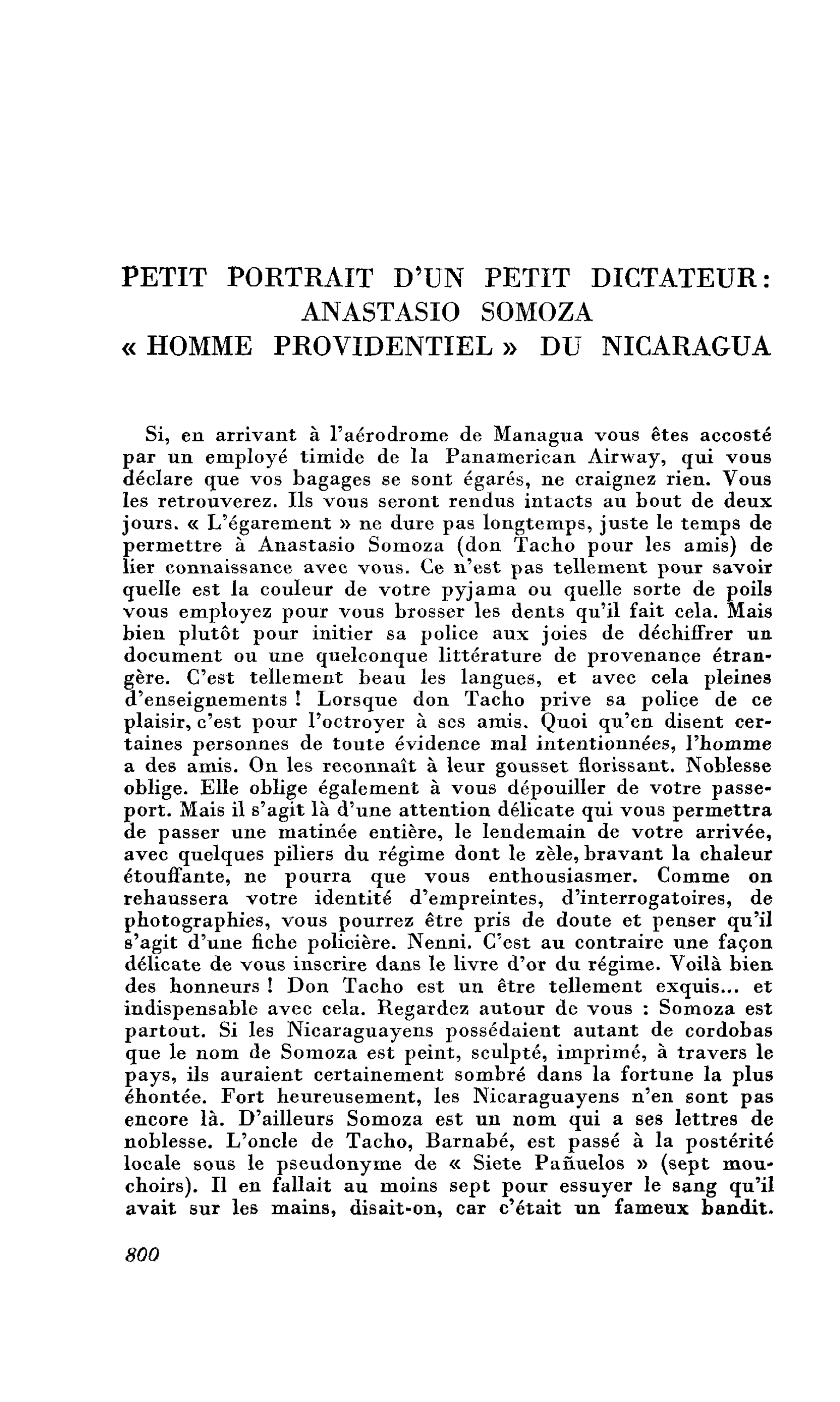 PETIT PORTRAIT D’UN PETIT DICTATEUR : ANASTASIO SOMOZA « HOMME PROVIDENTIEL » DU NICARAGUA