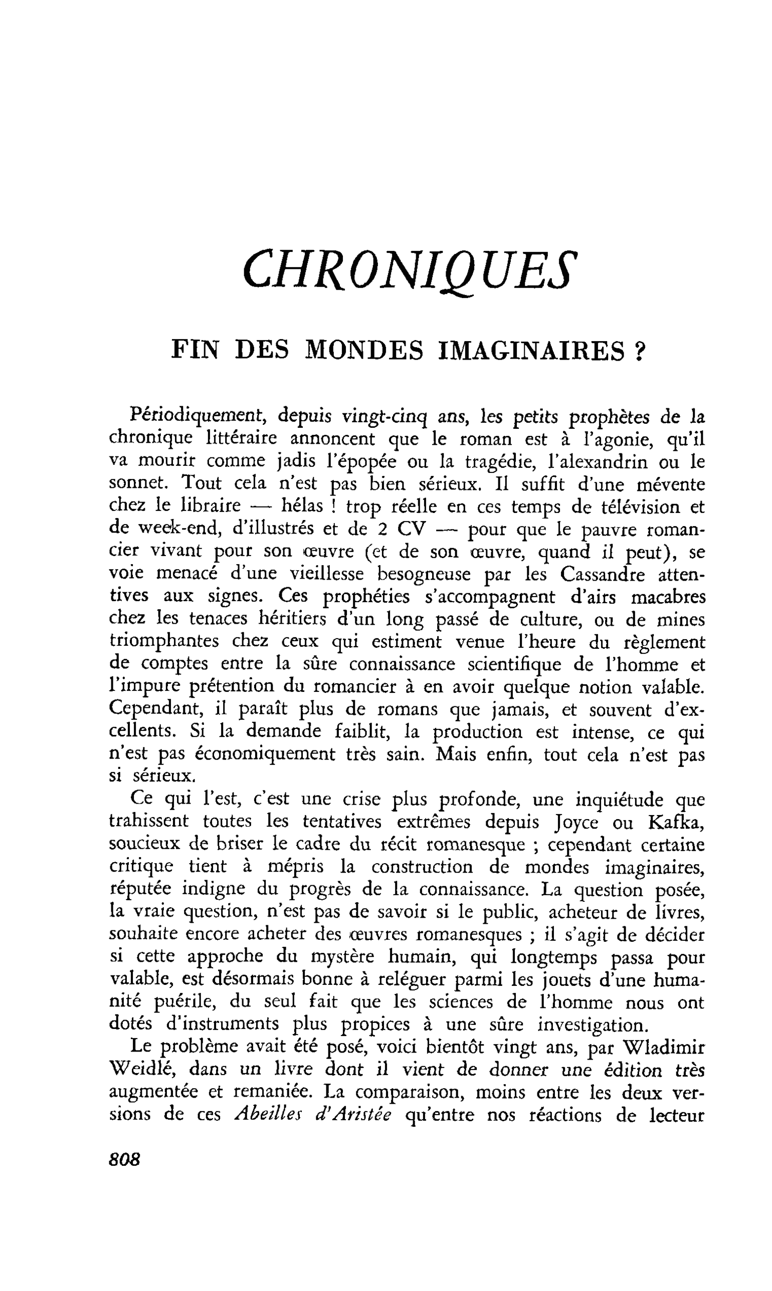 FIN DES MONDES IMAGINAIRES ?