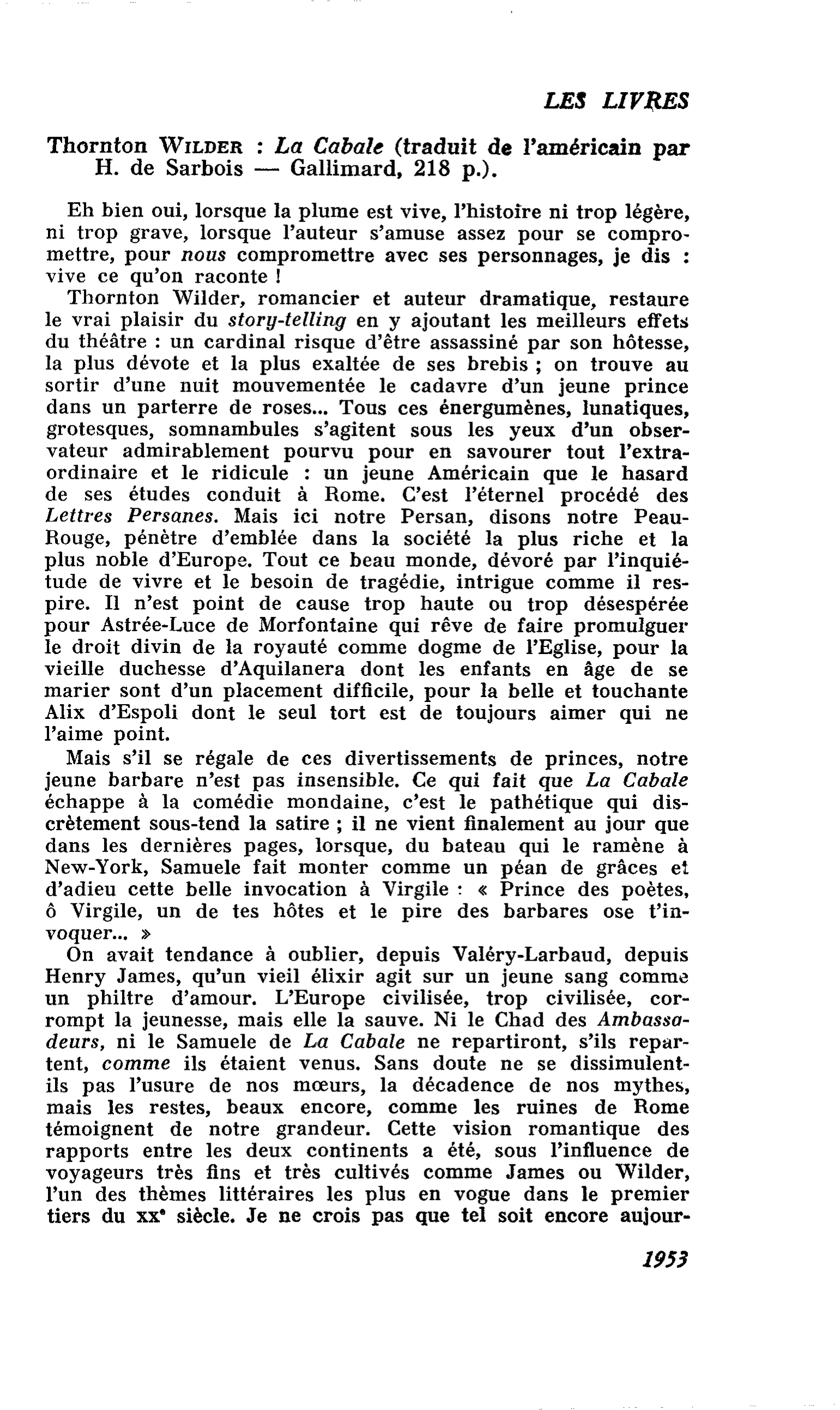 Thornton Wilder : La Cabale