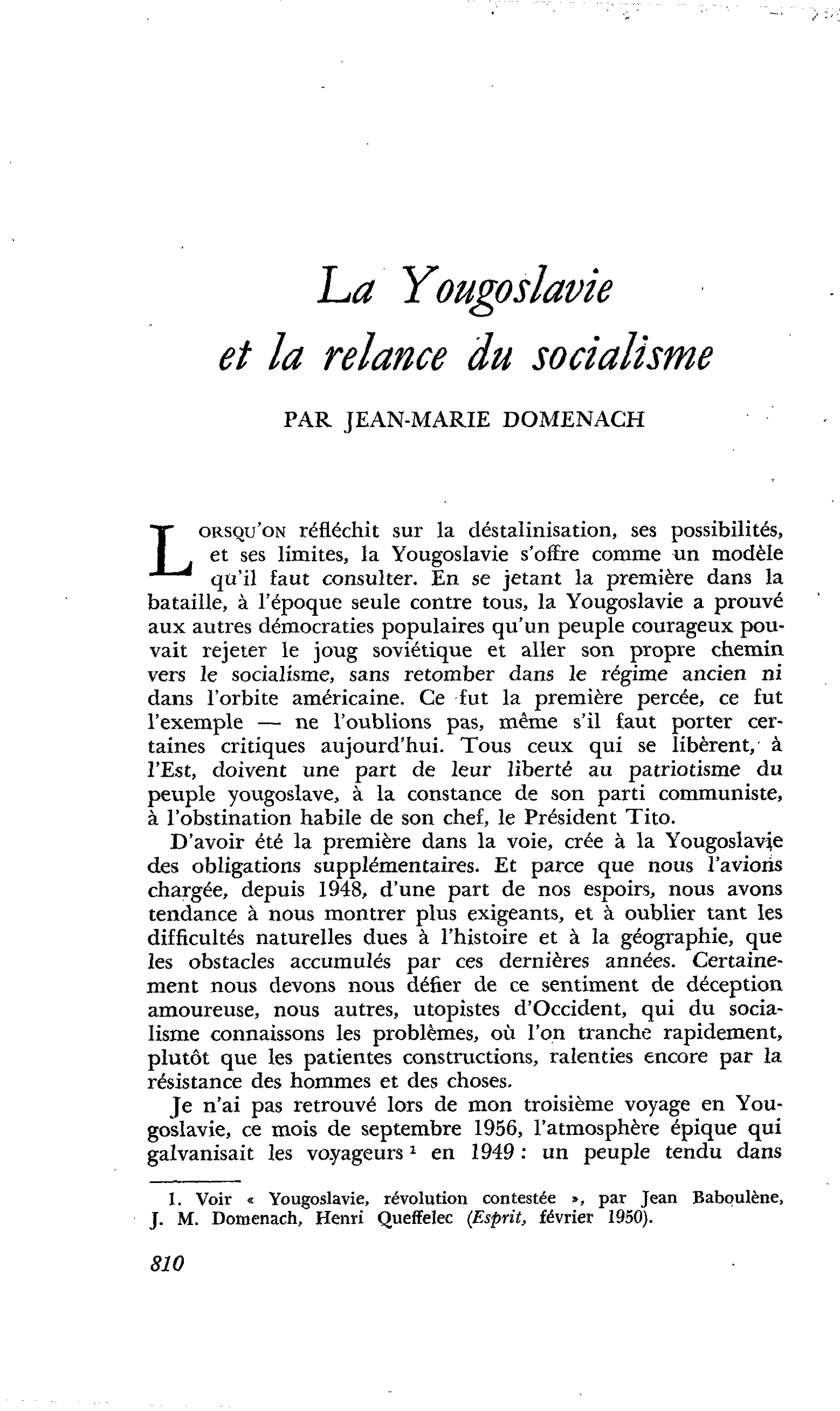 La Yougoslavie et la relance du socialisme
