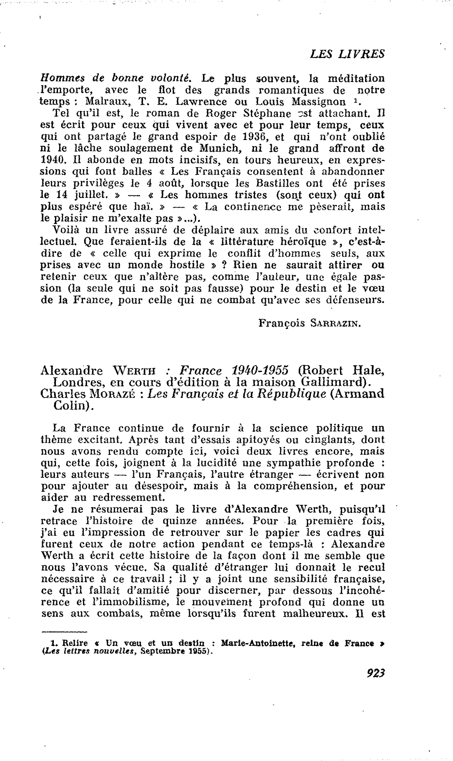 Alexandre Werth : France 1940-1955. Charles Morazé : Les Français et la République (Armand Colin)