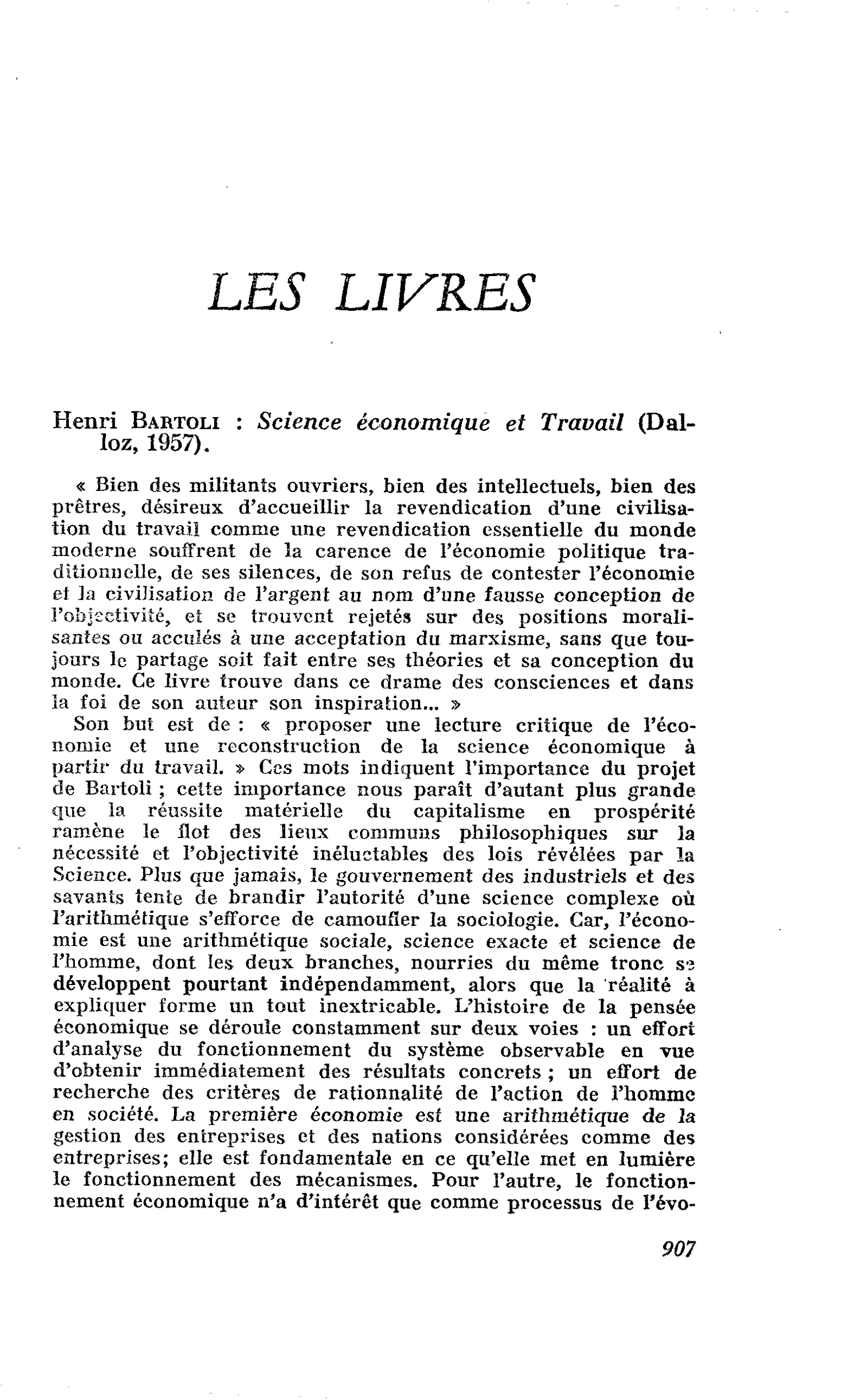 Henri Bartoli : Science économique et Travail