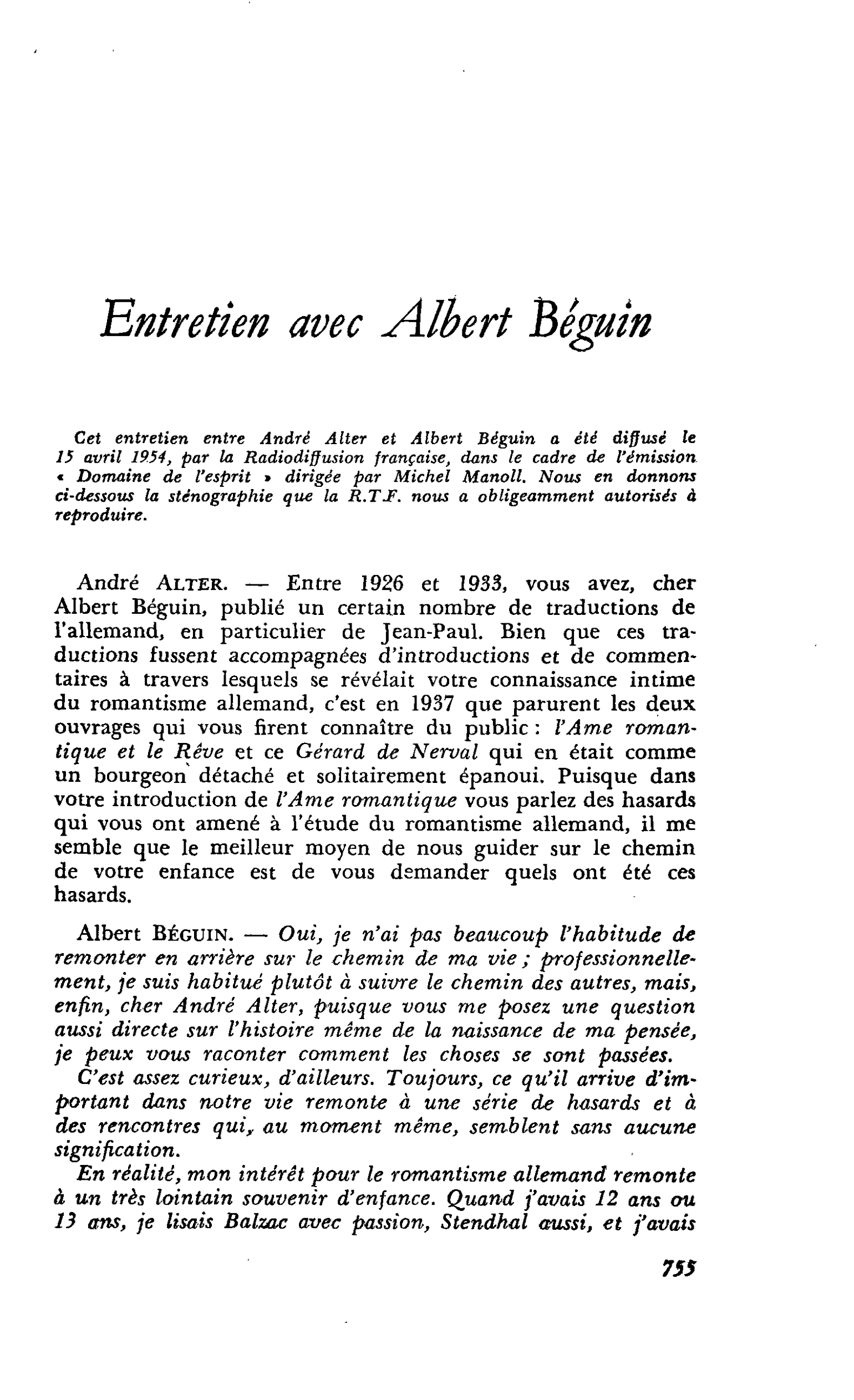 Entretien avec Albert Béguin