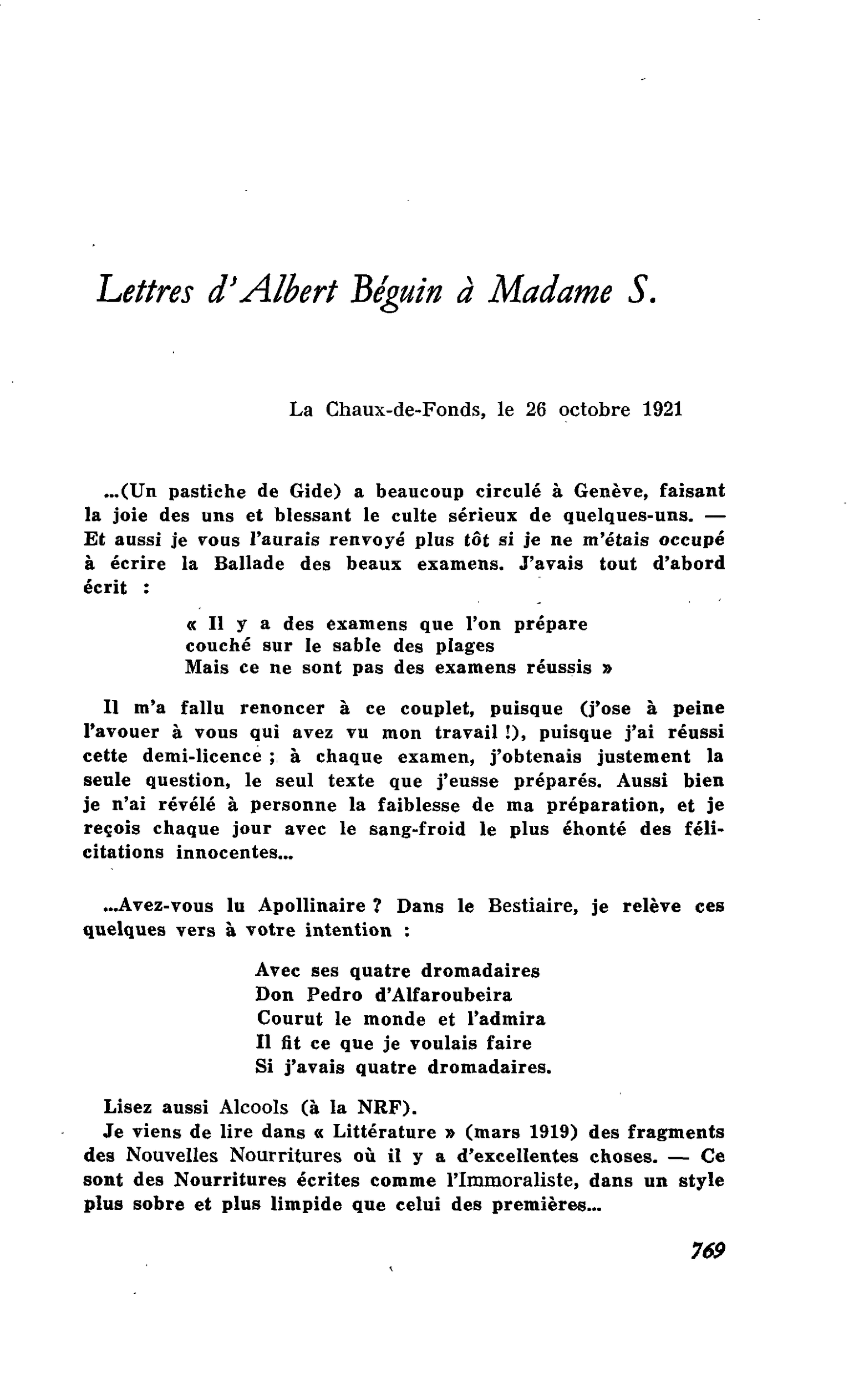 Lettres d’Albert Béguin à Madame S.