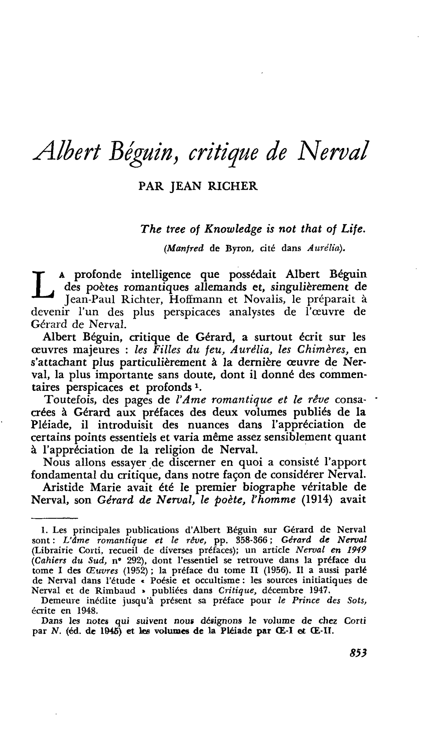 Albert Béguin, critique de Nerval