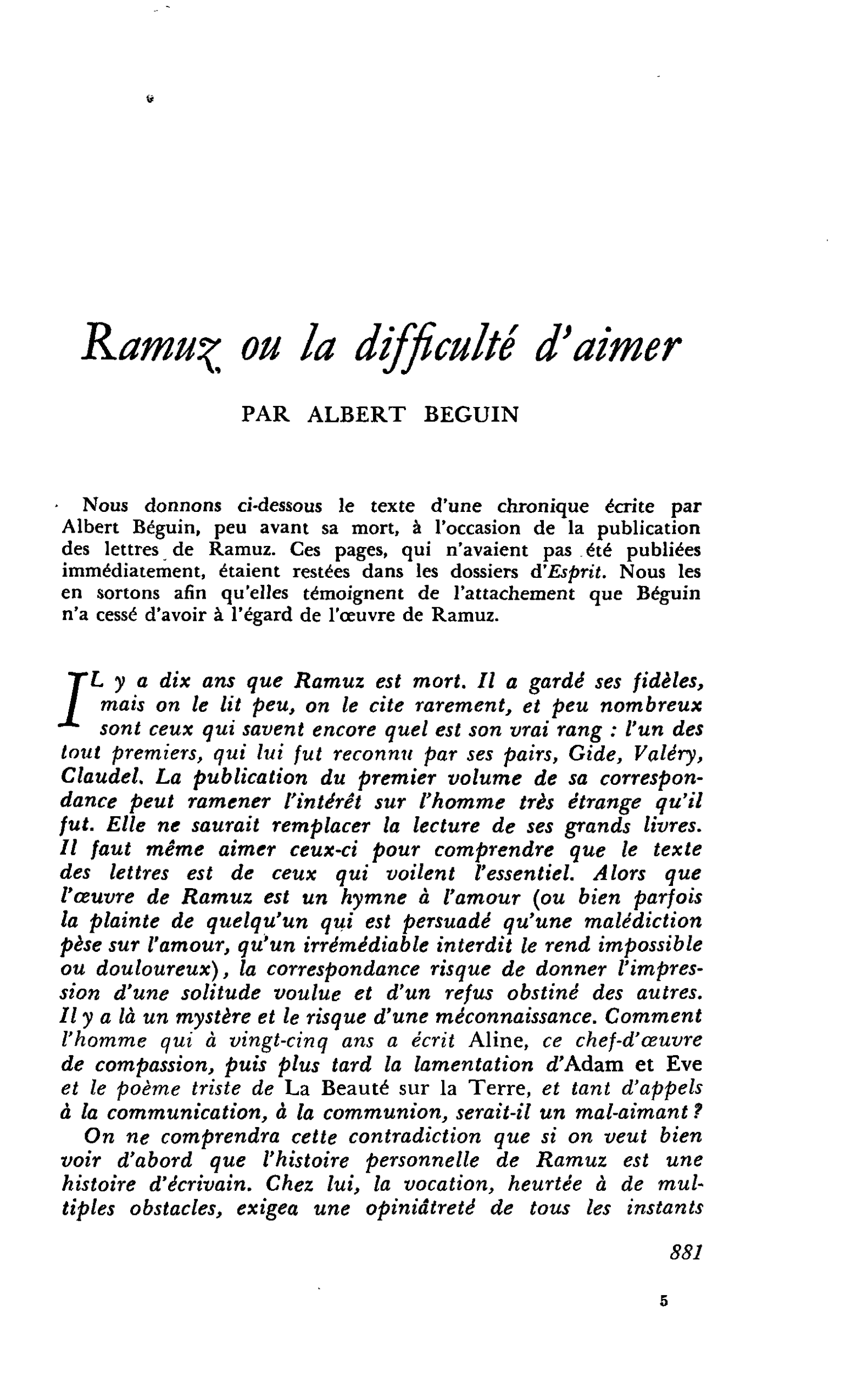 Ramuz ou la difficulté d’aimer