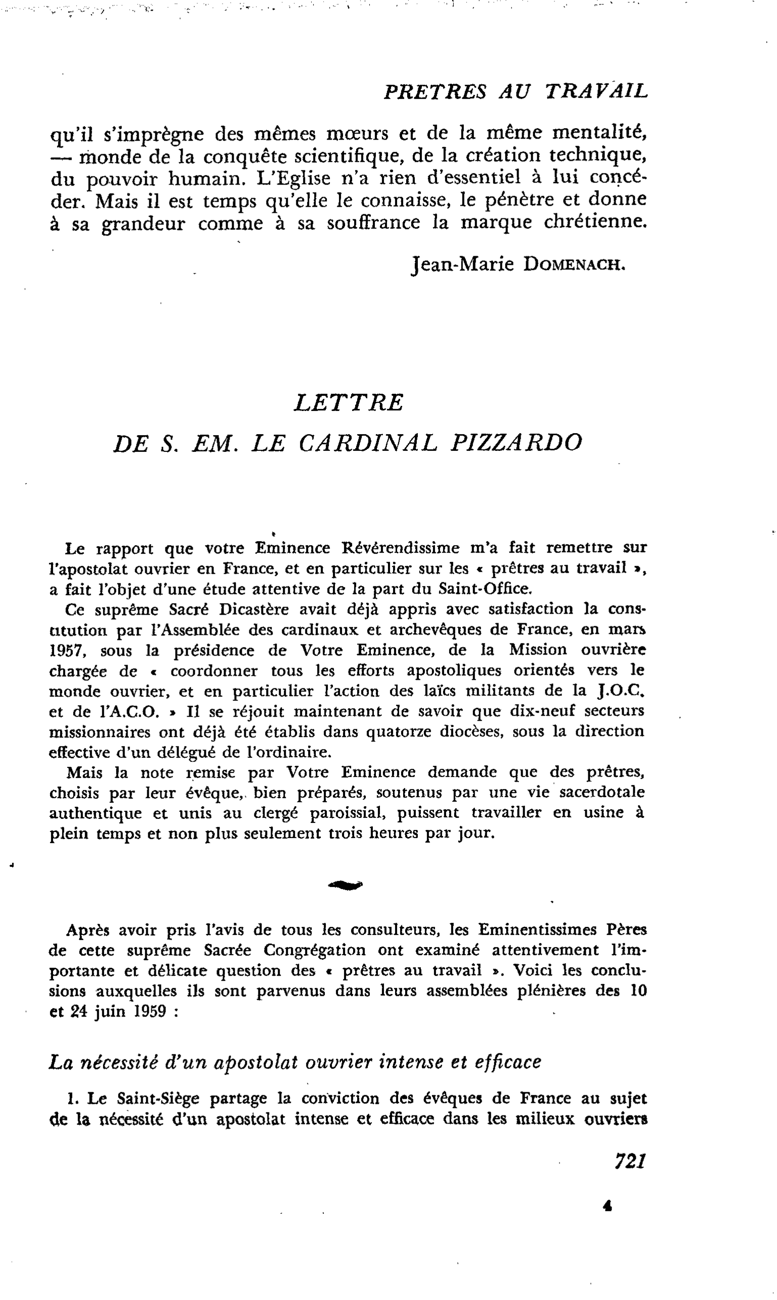 LETTRE DE S. EM. LE CARDINAL PIZZARDO