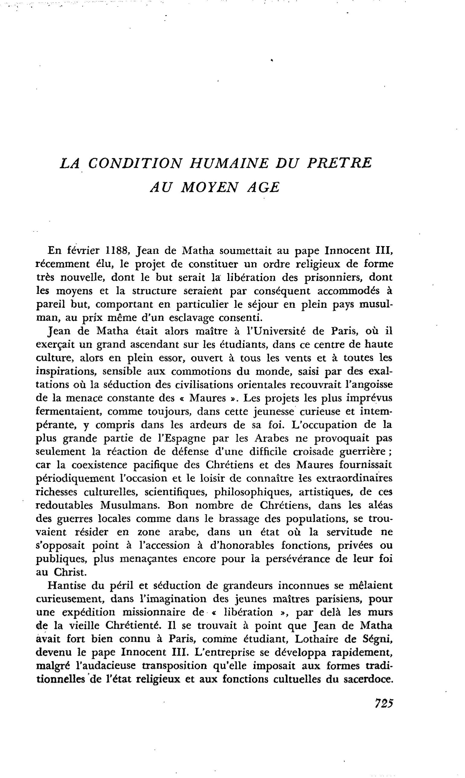 LA CONDITION HUMAINE DU PRETRE AU MOYEN AGE