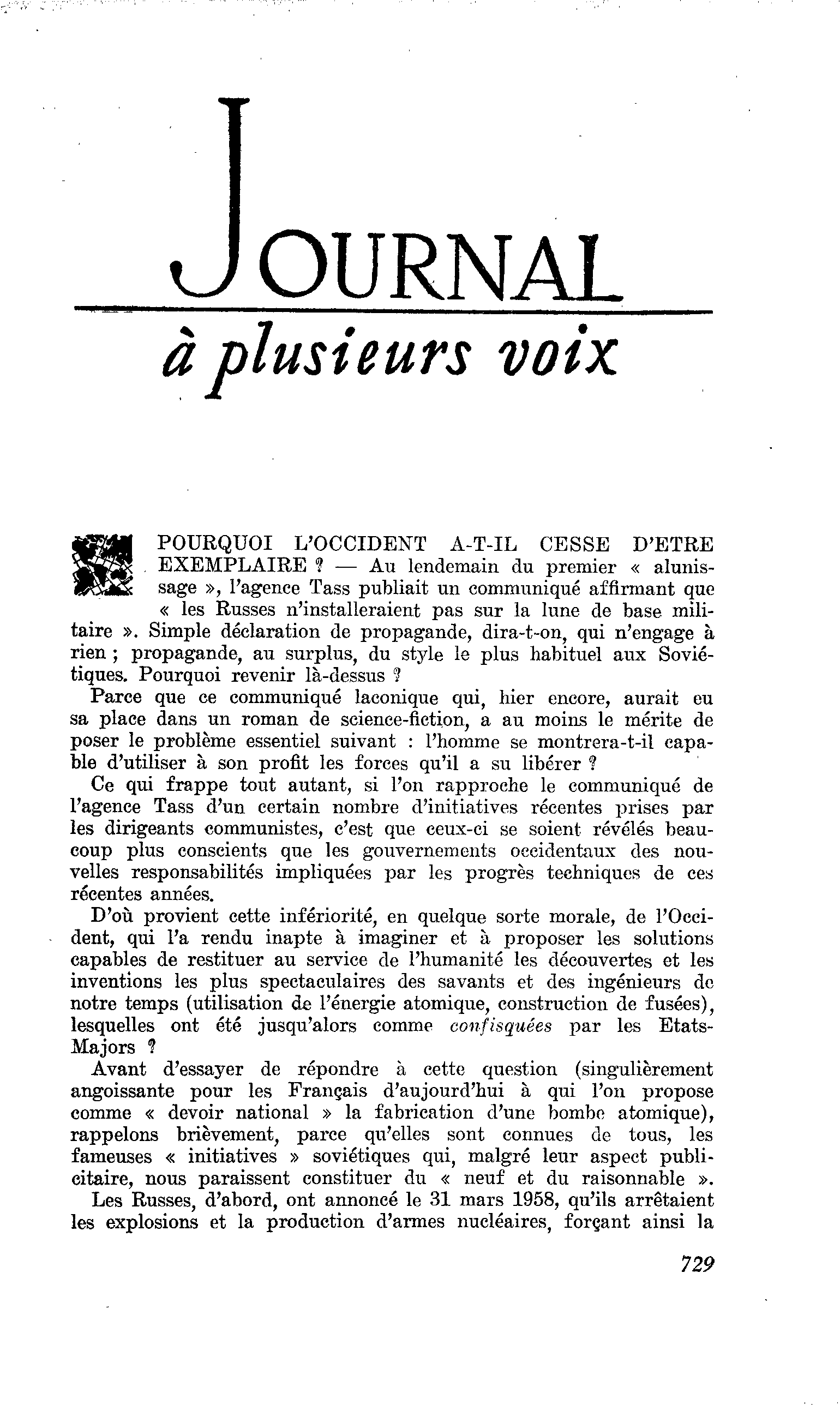 POURQUOI L’OCCIDENT A-T-IL CESSE D’ETRE EXEMPLAIRE ?