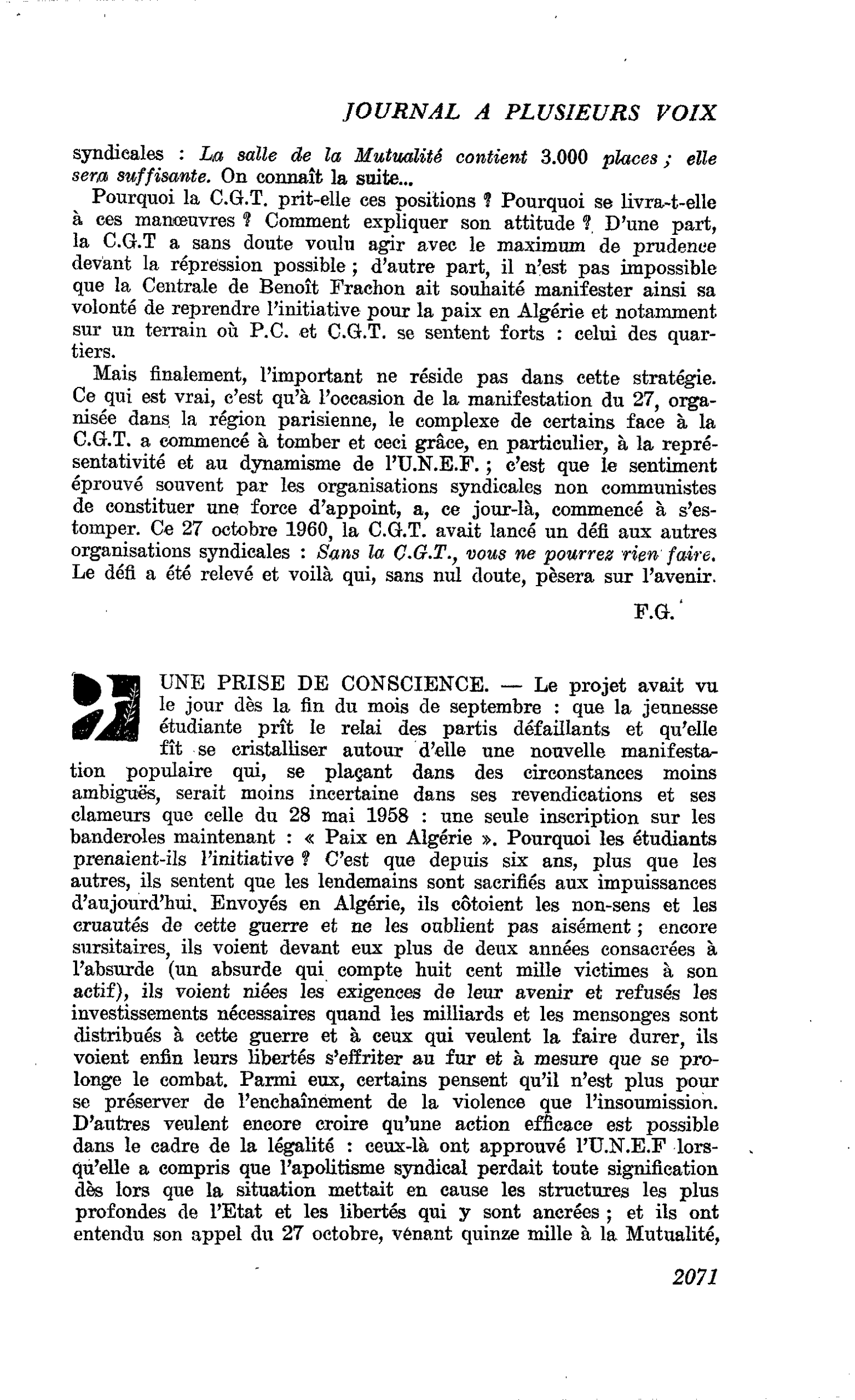 UNE PRISE DE CONSCIENCE
