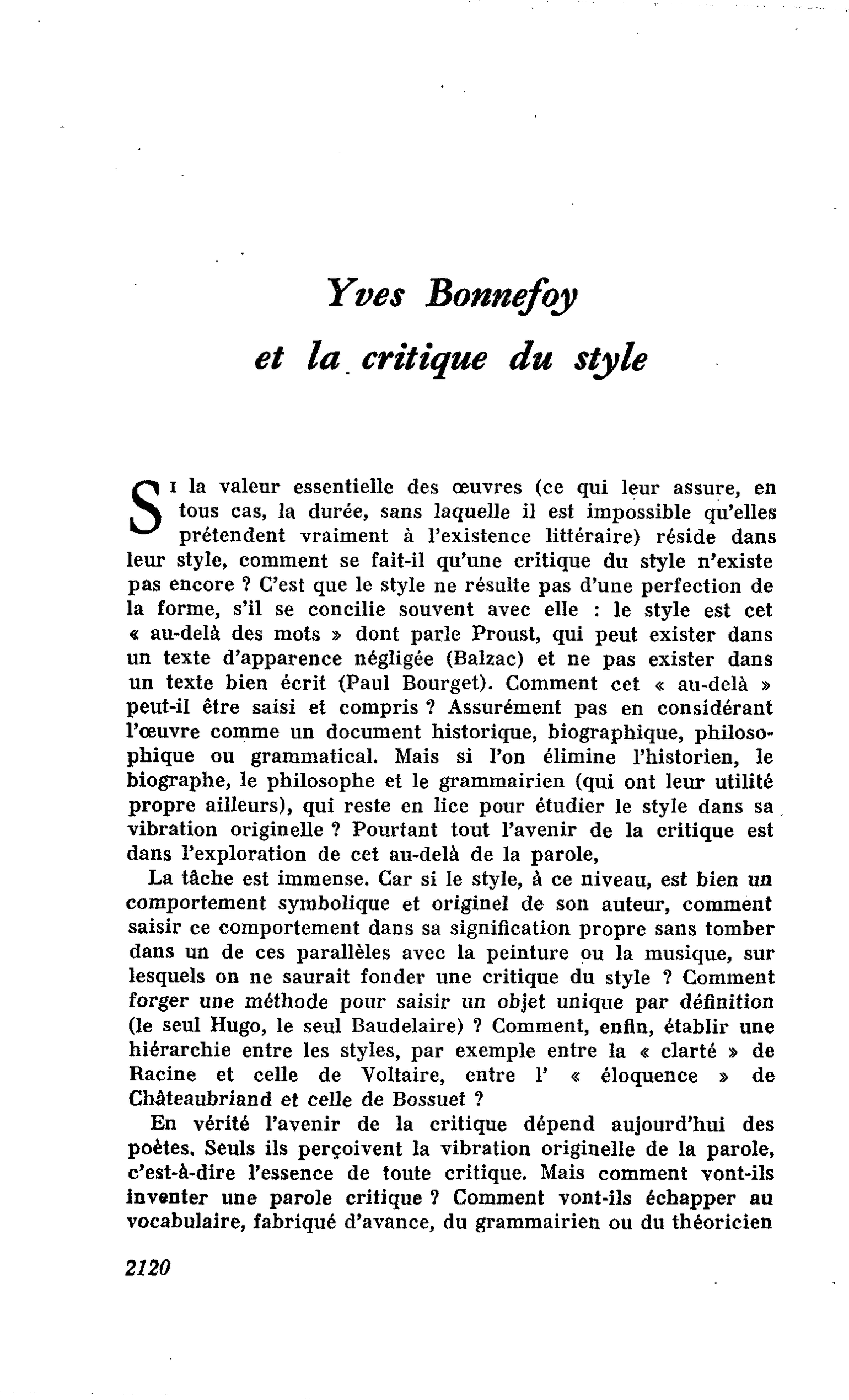Yves Bonnefoy et la critique du style