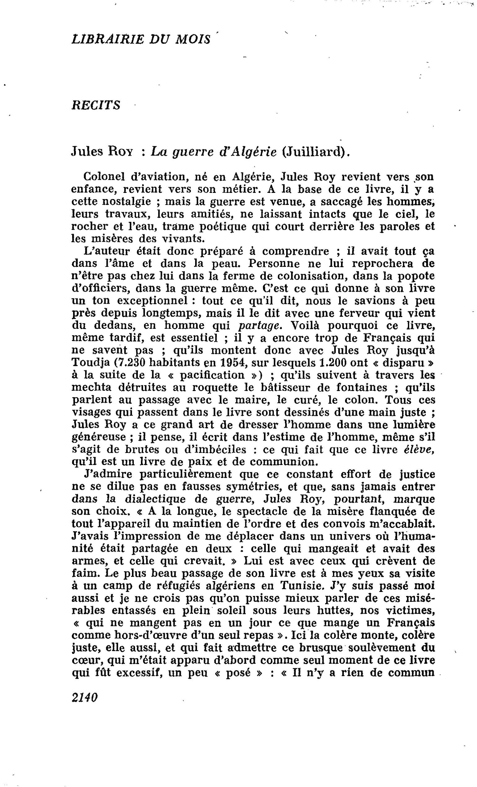 Jules Roy : La guerre d’Algérie