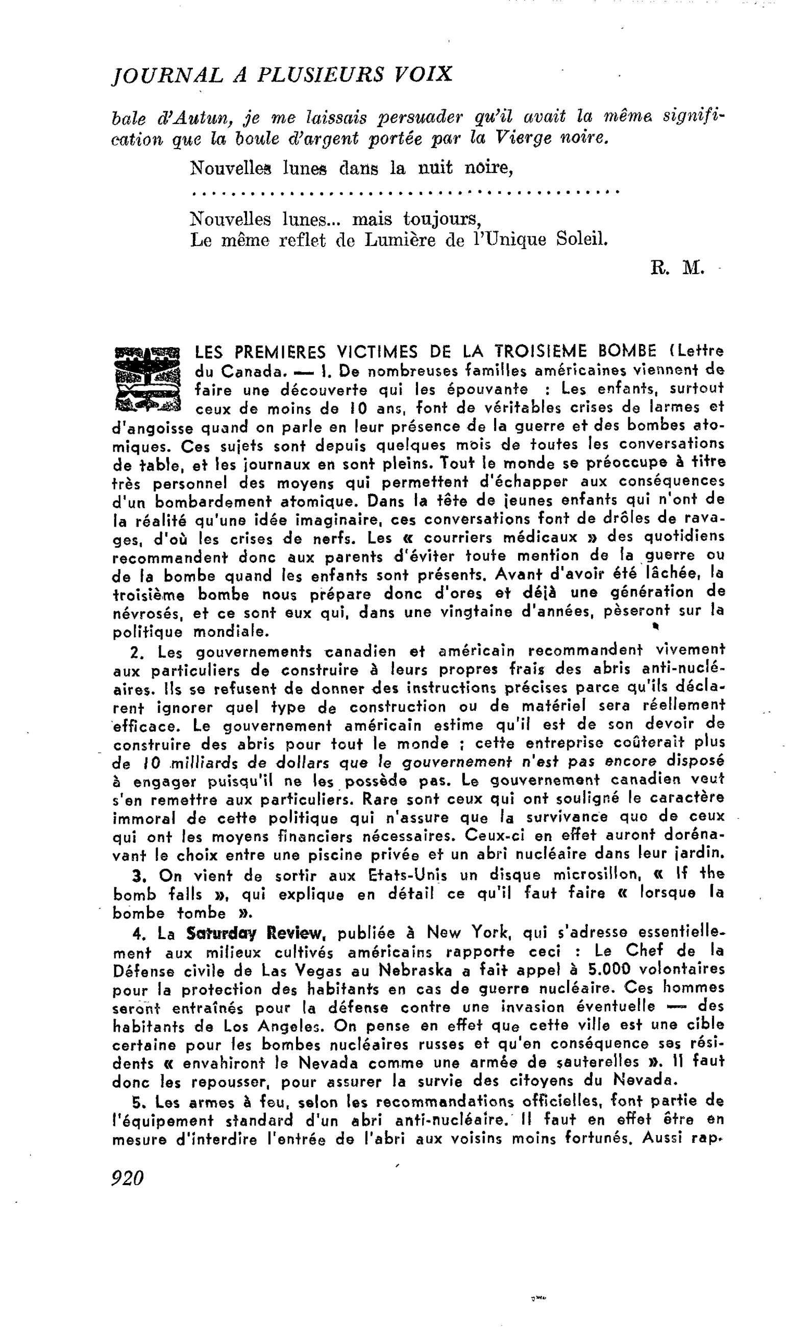 LES PREMIERES VICTIMES DE LA TROISIEME BOMBE (Lettre du Canada)
