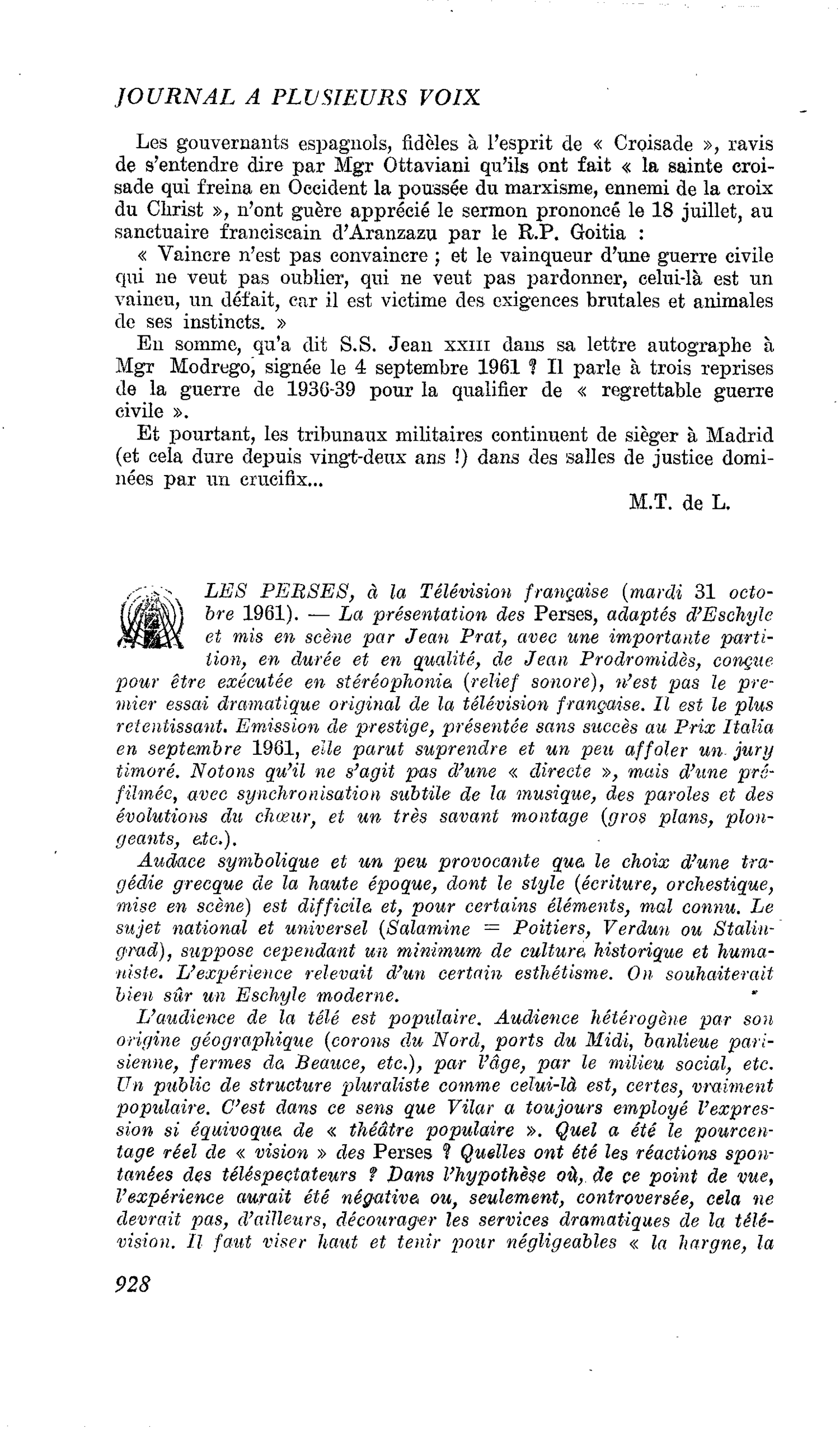 LES PERSES, à la Télévision française (mardi 31 octobre 1961)