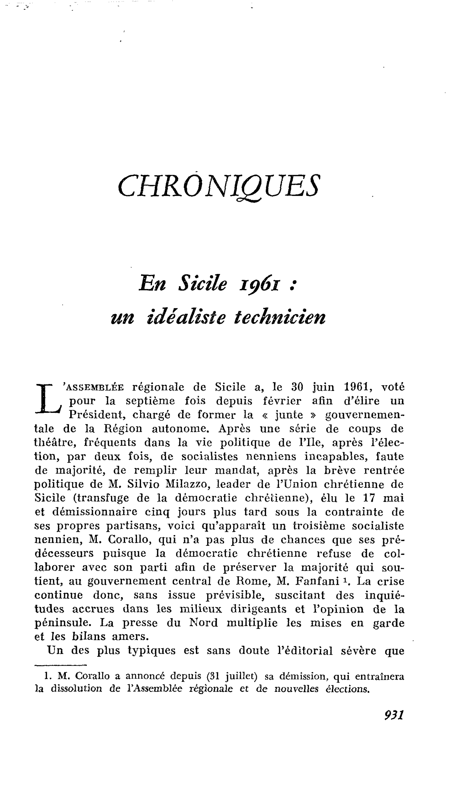 En Sicile 1961 : un idéaliste technicien