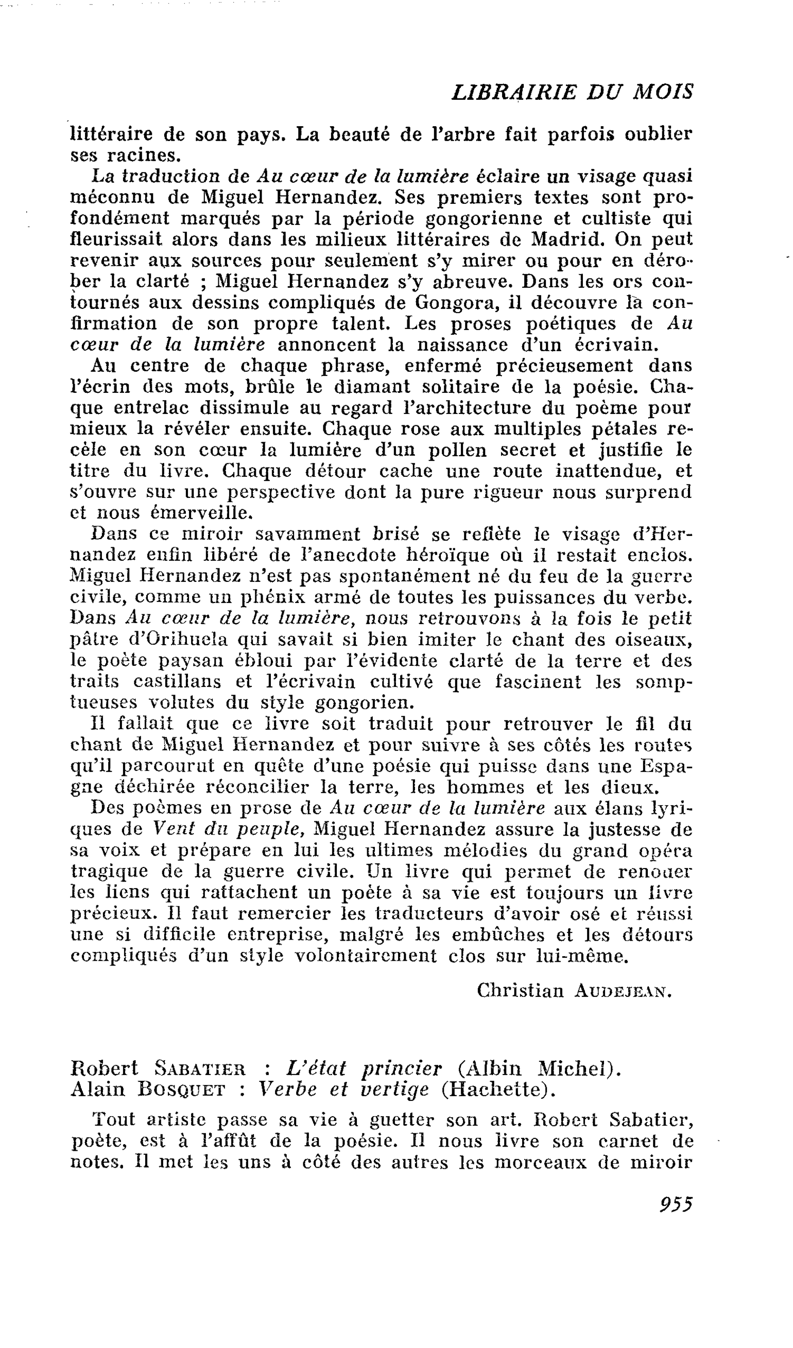 Robert SabatieR : L’état princier. Alain Bosquet : Verbe et vertige
