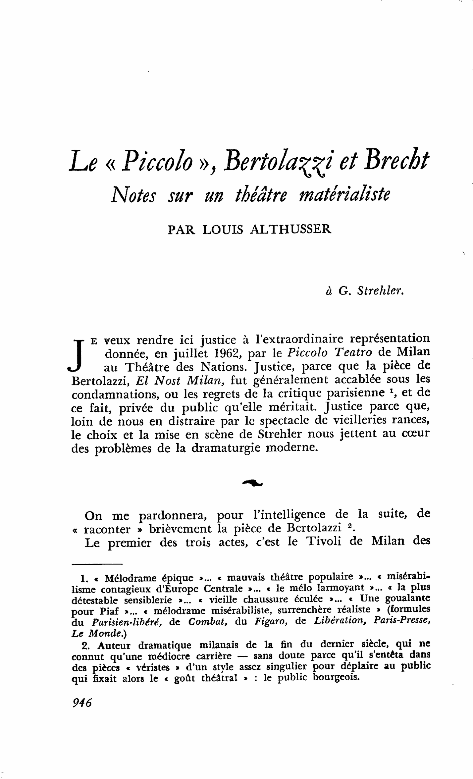 Le « Piccolo », Bertolazzi et Brecht Notes sur un théâtre matérialiste