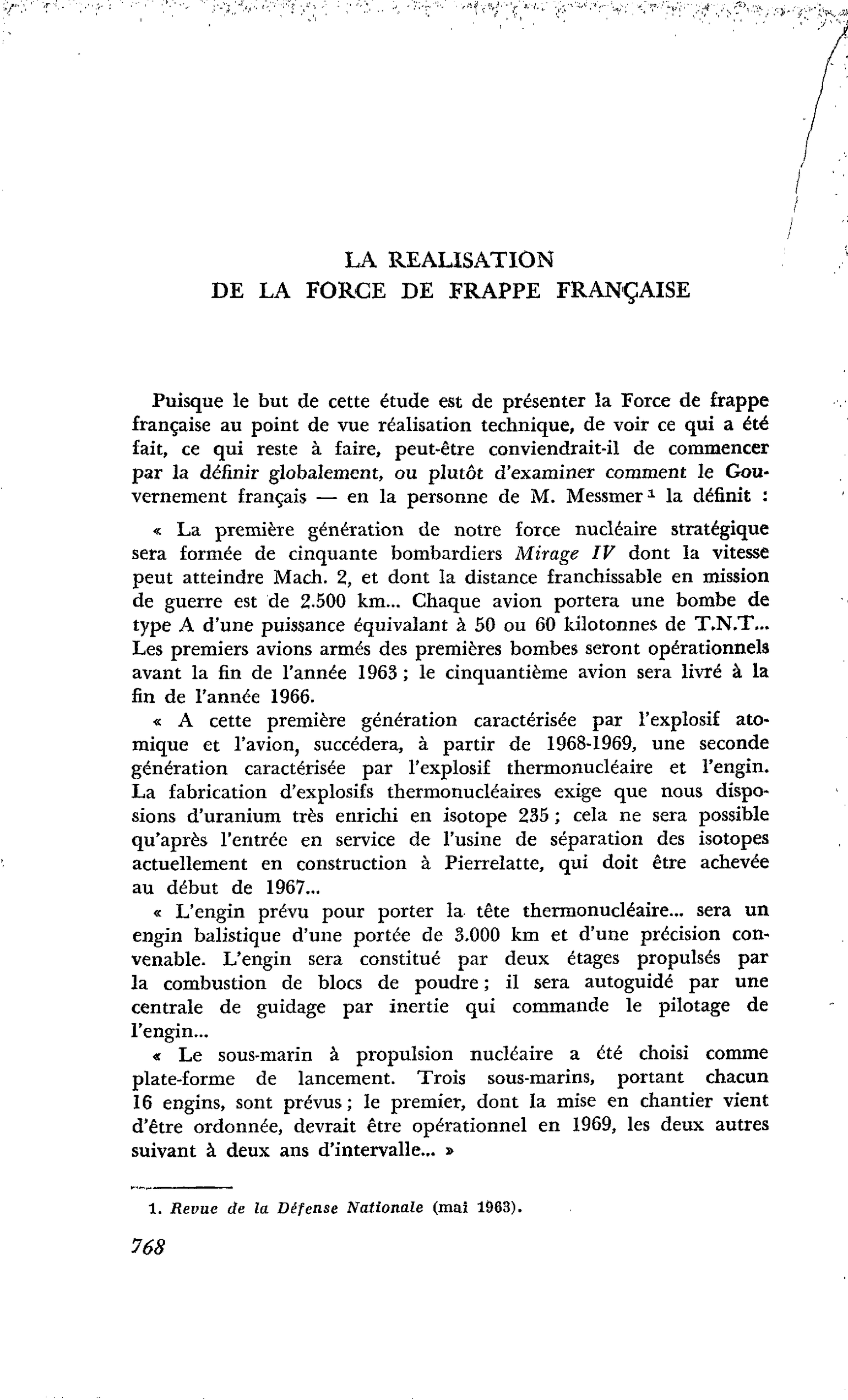 LA REALISATION DE LA FORCE DE FRAPPE FRANÇAISE