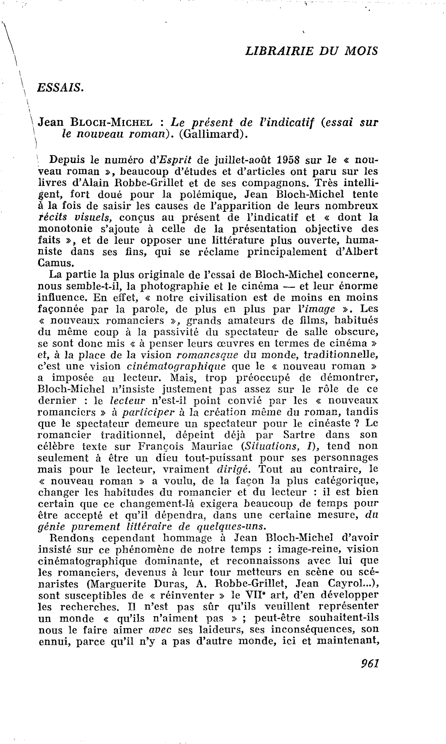 Jean Bloch-Michel : Le présent de l’indicatif (essai sur le nouveau roman)