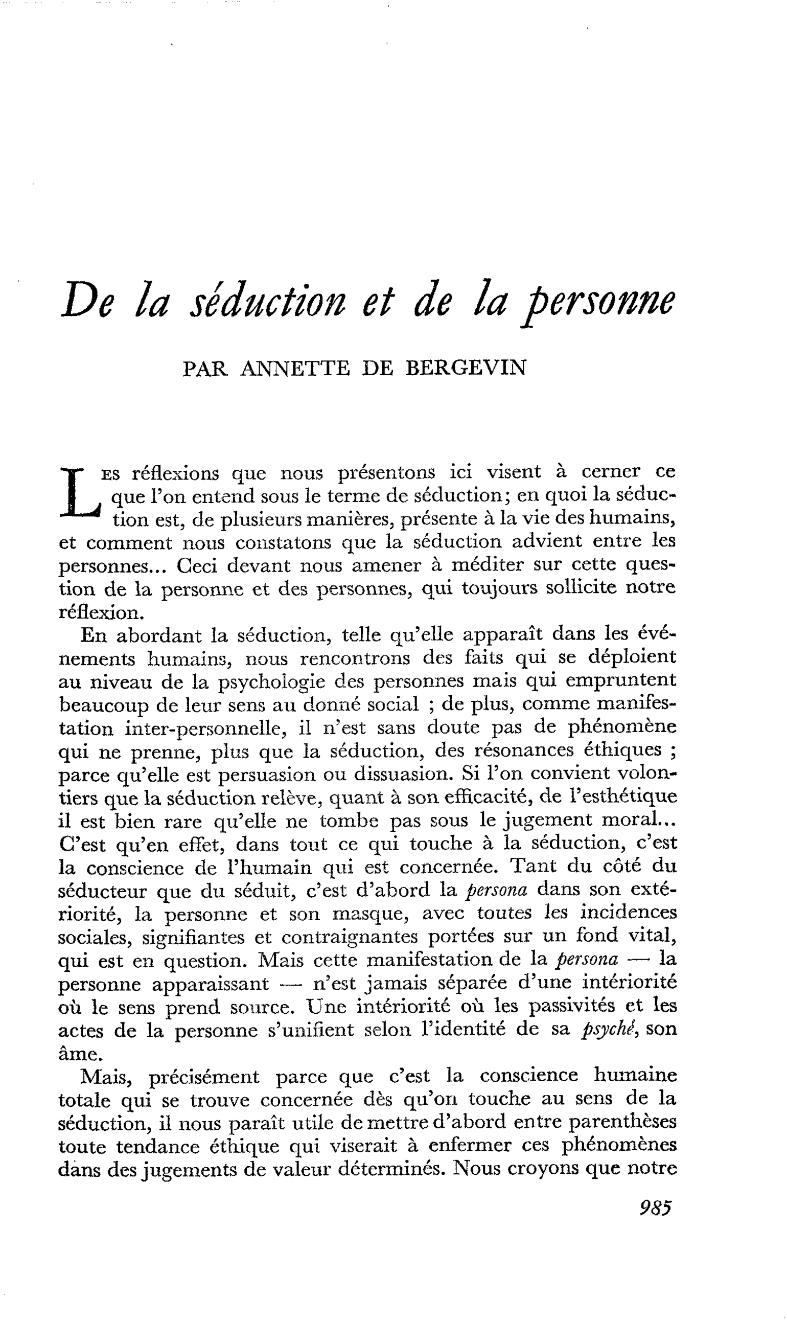 De la séduction et de la personne