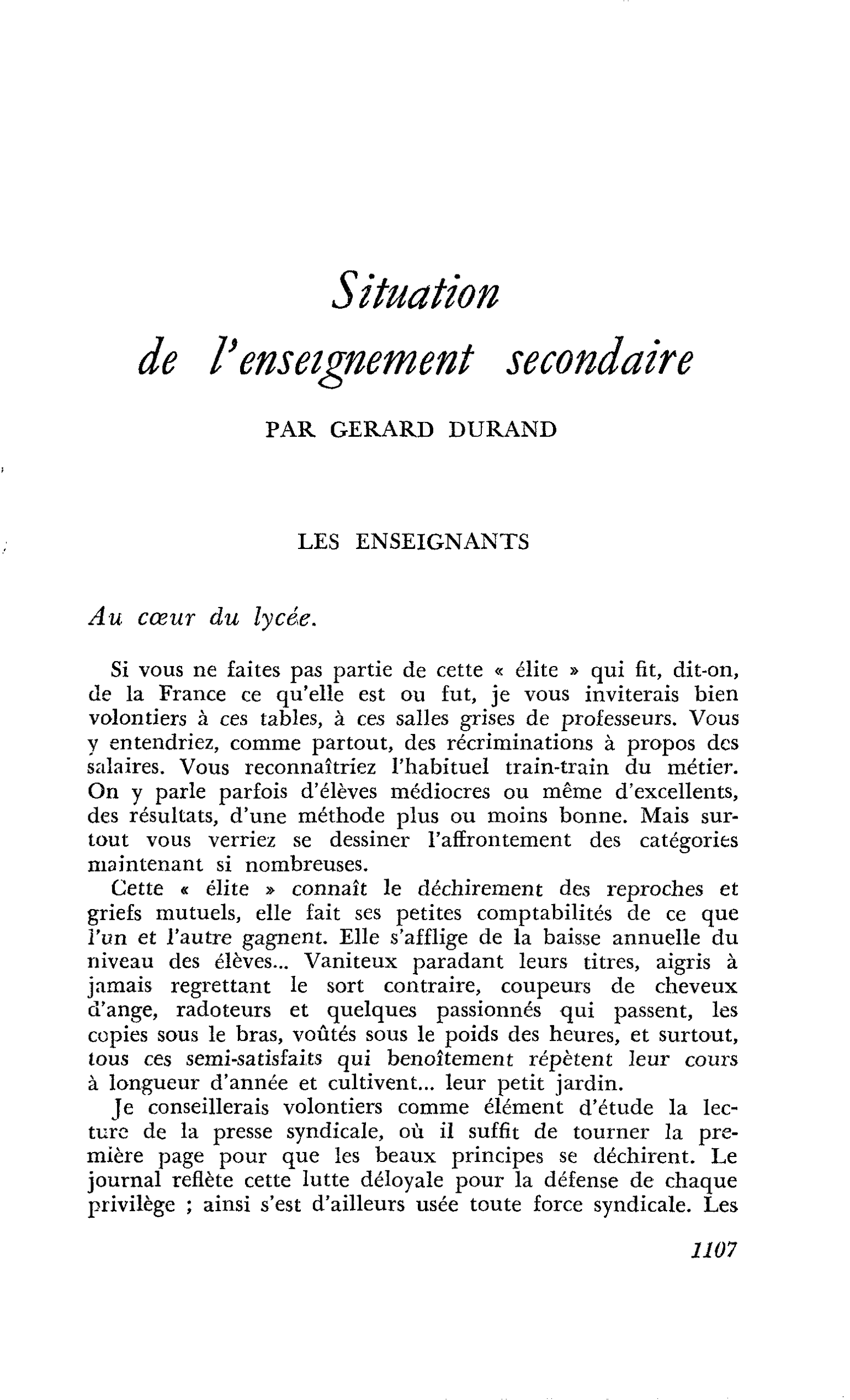 Situation de l’Enseignement secondaire