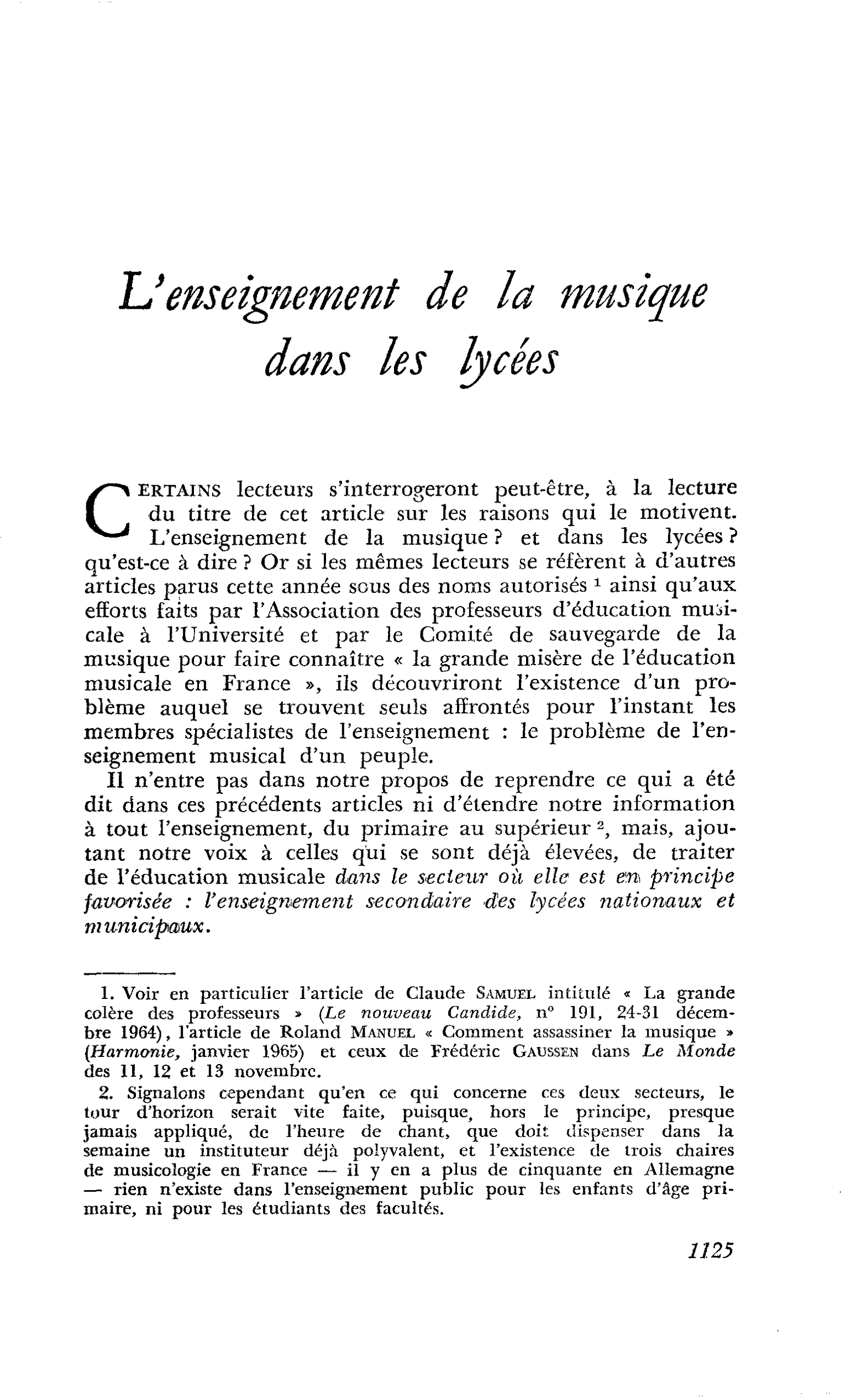 L’enseignement de la musique dans les lycées