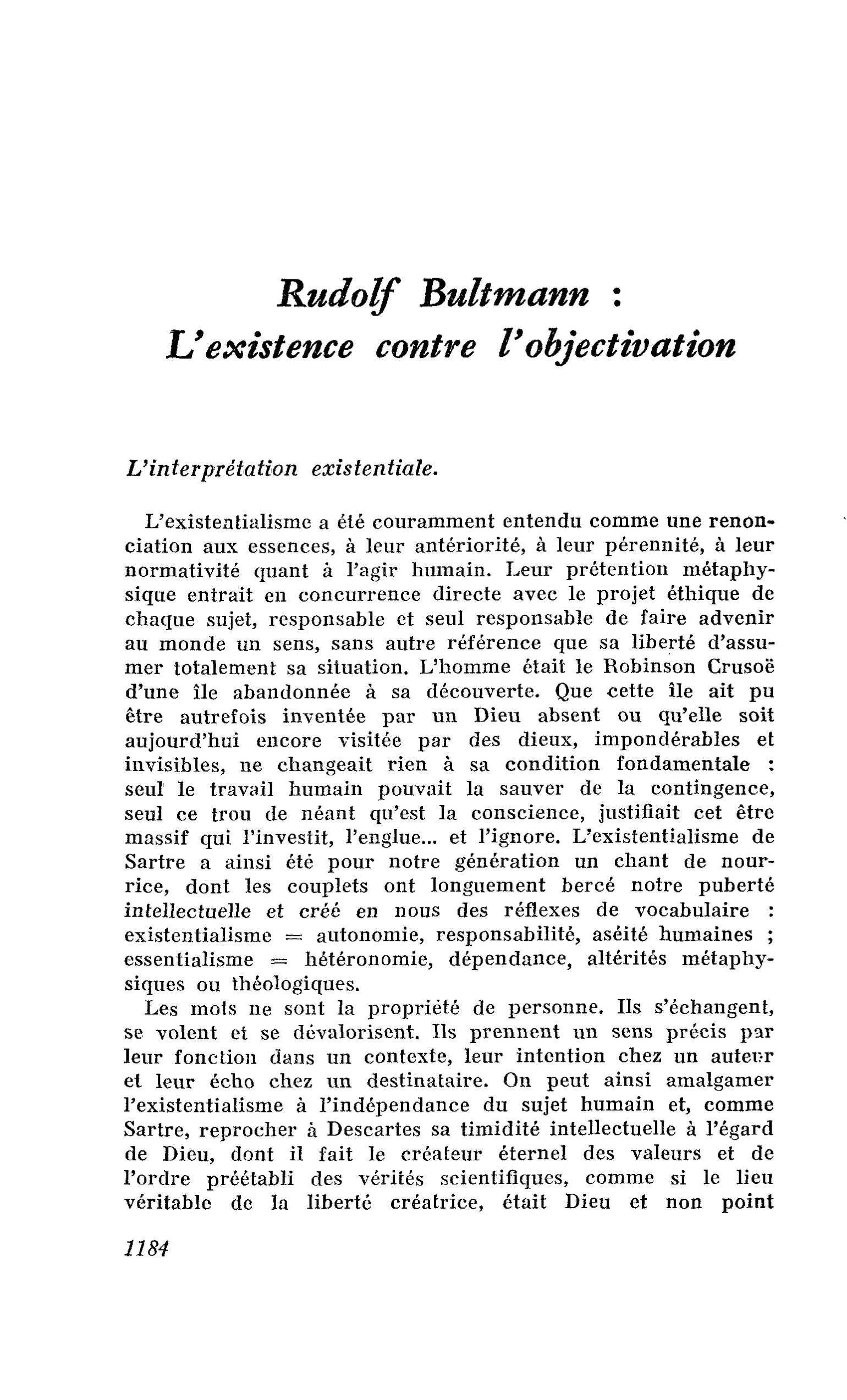 Rudolf Bultmann : L’existence contre l’objectivation