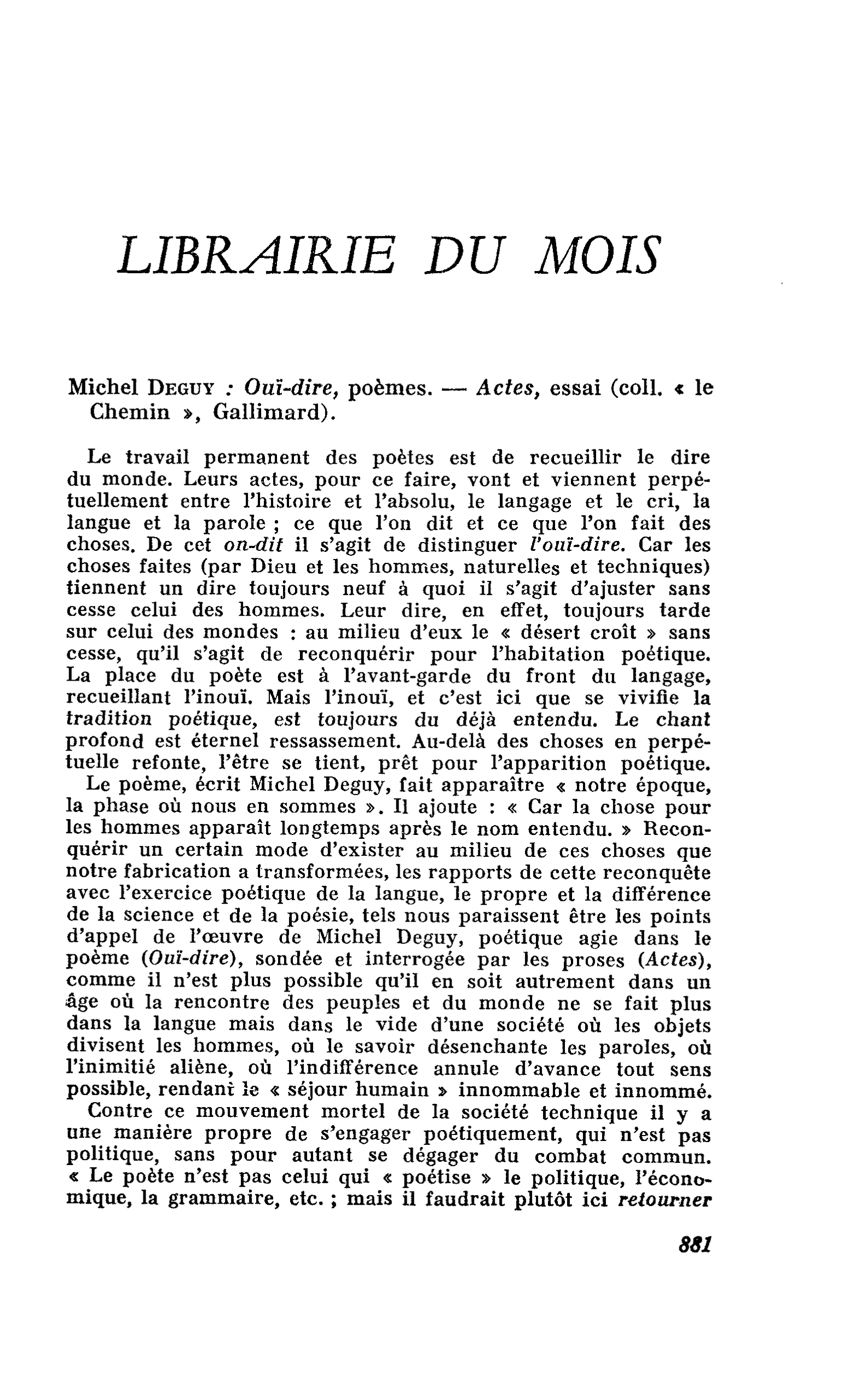 Michel Deguy : Ouï-dire, poèmes. ? Actes, essai