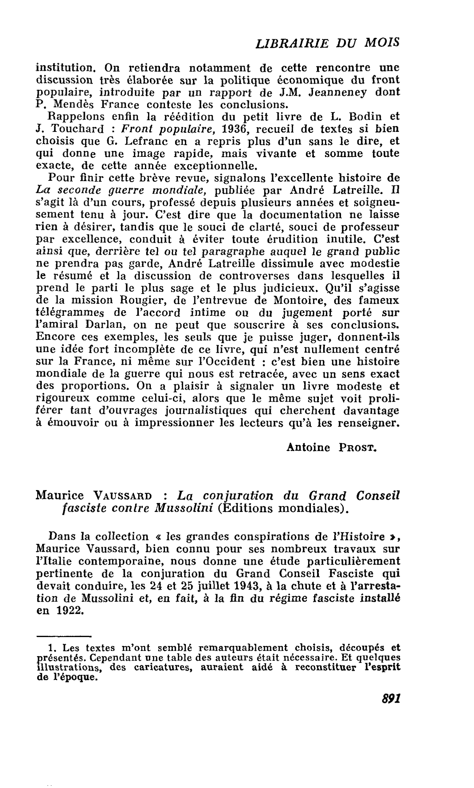 Maurice Vaussard : La conjuration du Grand Conseil fasciste contre Mussolini