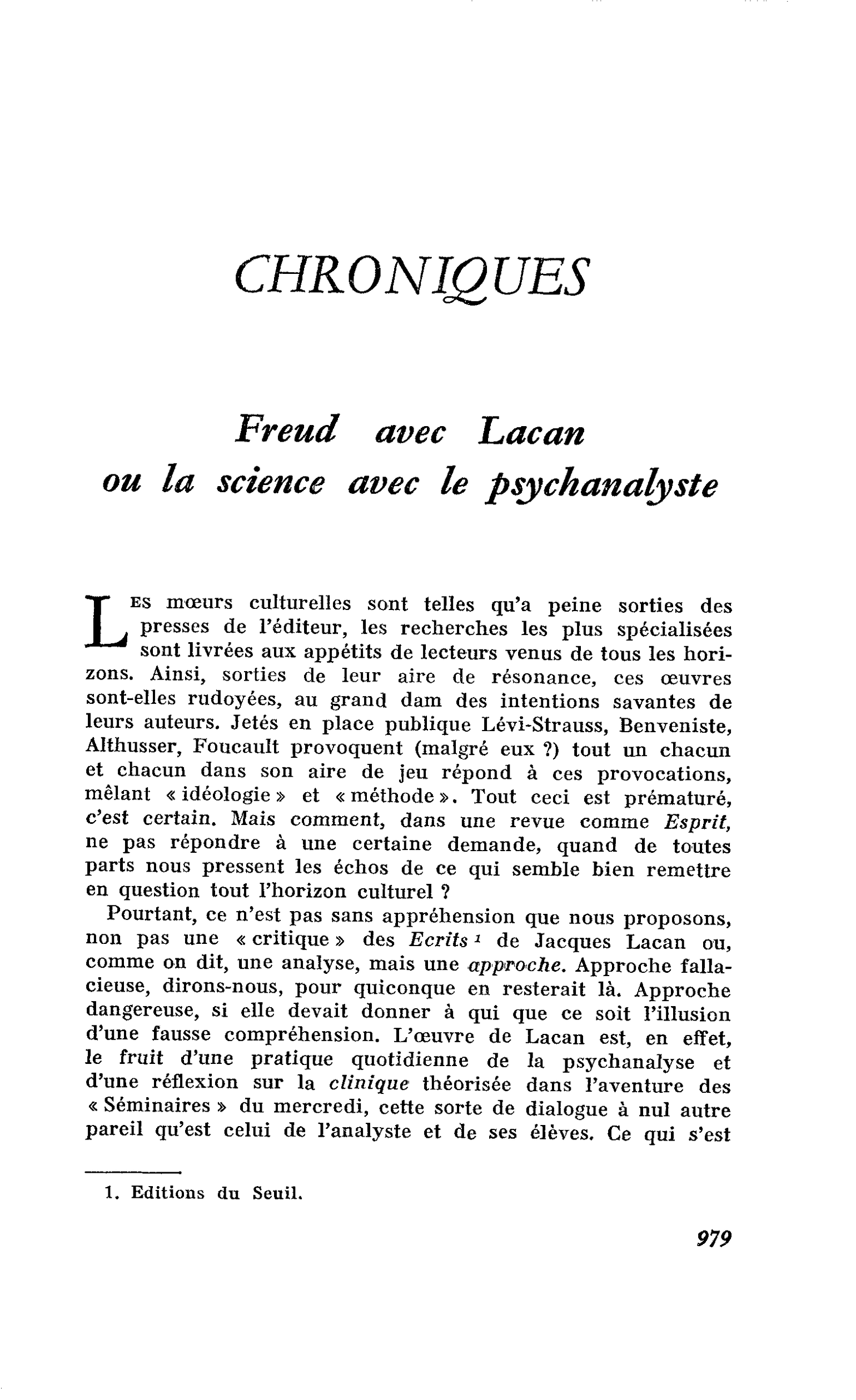 Freud avec Lacan ou la science avec le psychanalyste